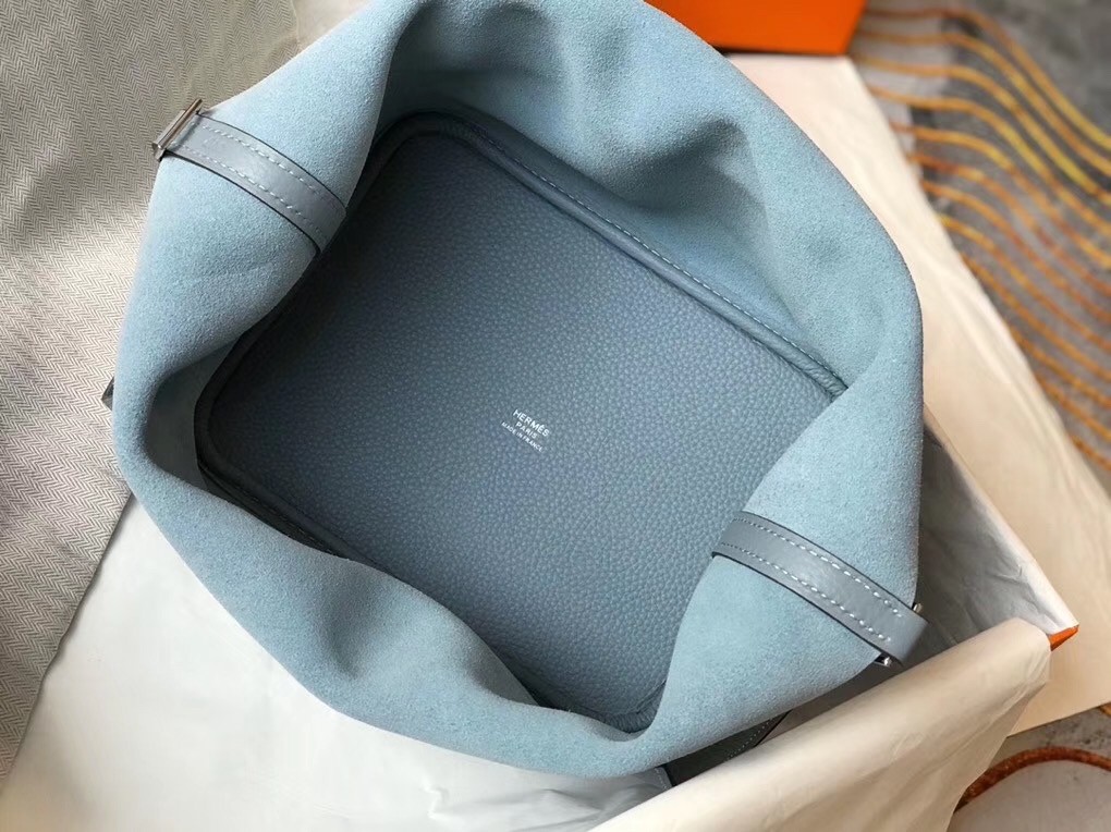 Hermes Picotin Lock 22 Bag In Blue Lin Clemence Leather
