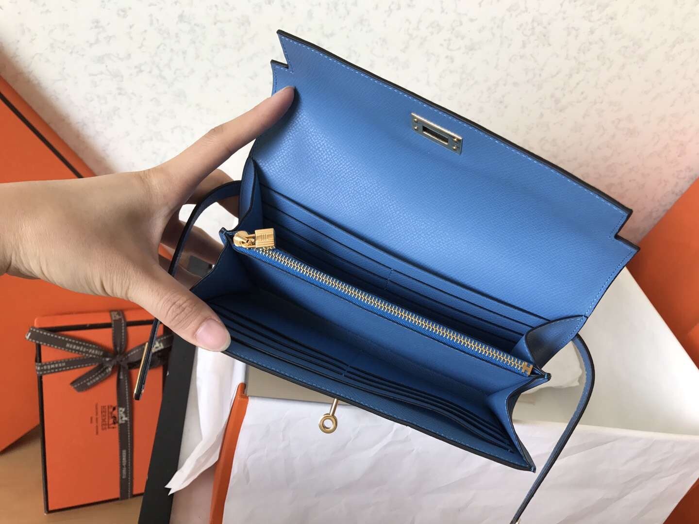 Hermes Kelly Classic Long Wallet In Blue Jean Epsom Leather