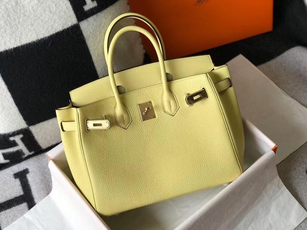 Hermes Jaune Poussin Clemence Birkin 30cm Bag