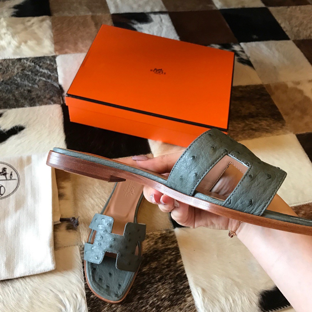 Hermes Oran Slide Sandals In Vert Amande Ostrich Leather
