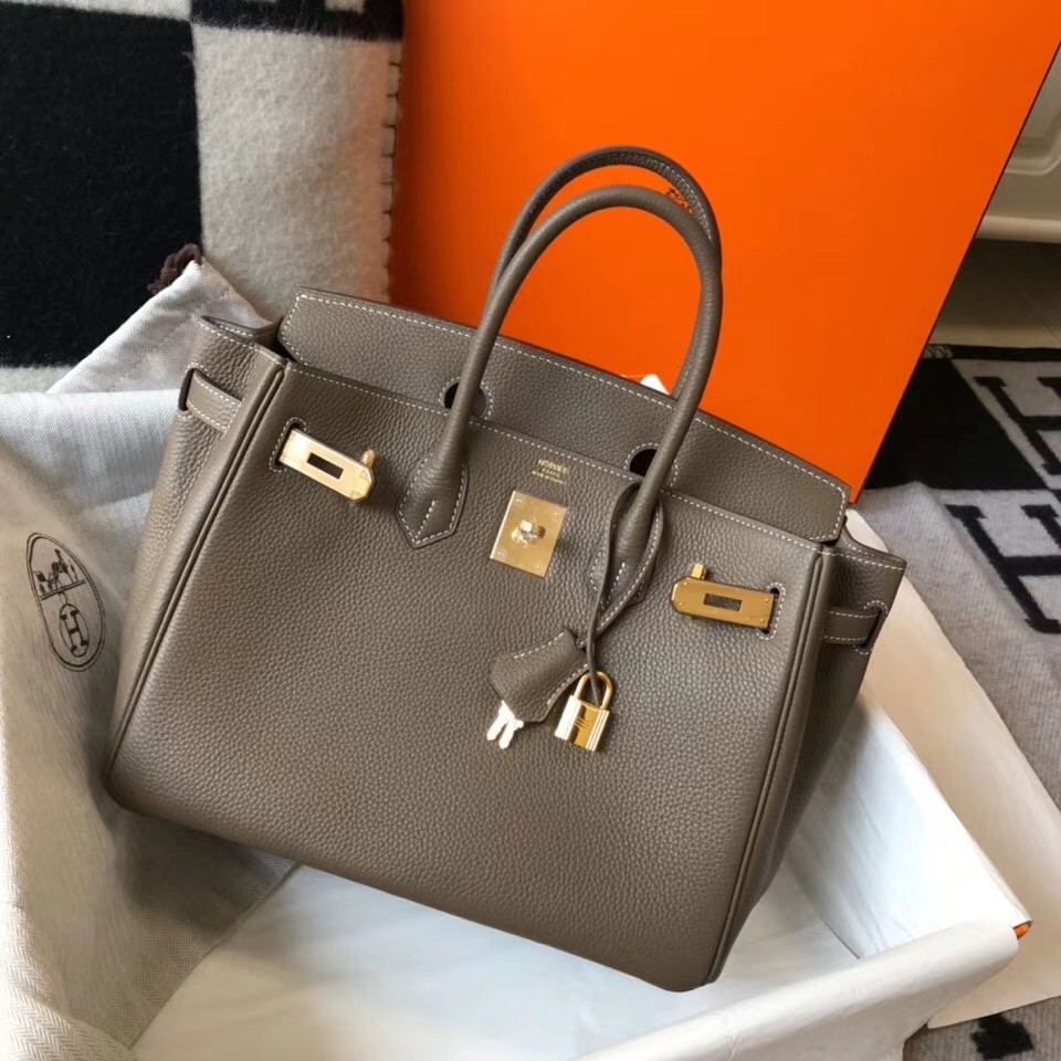 Hermes Taupe Clemence Birkin 30cm Bag
