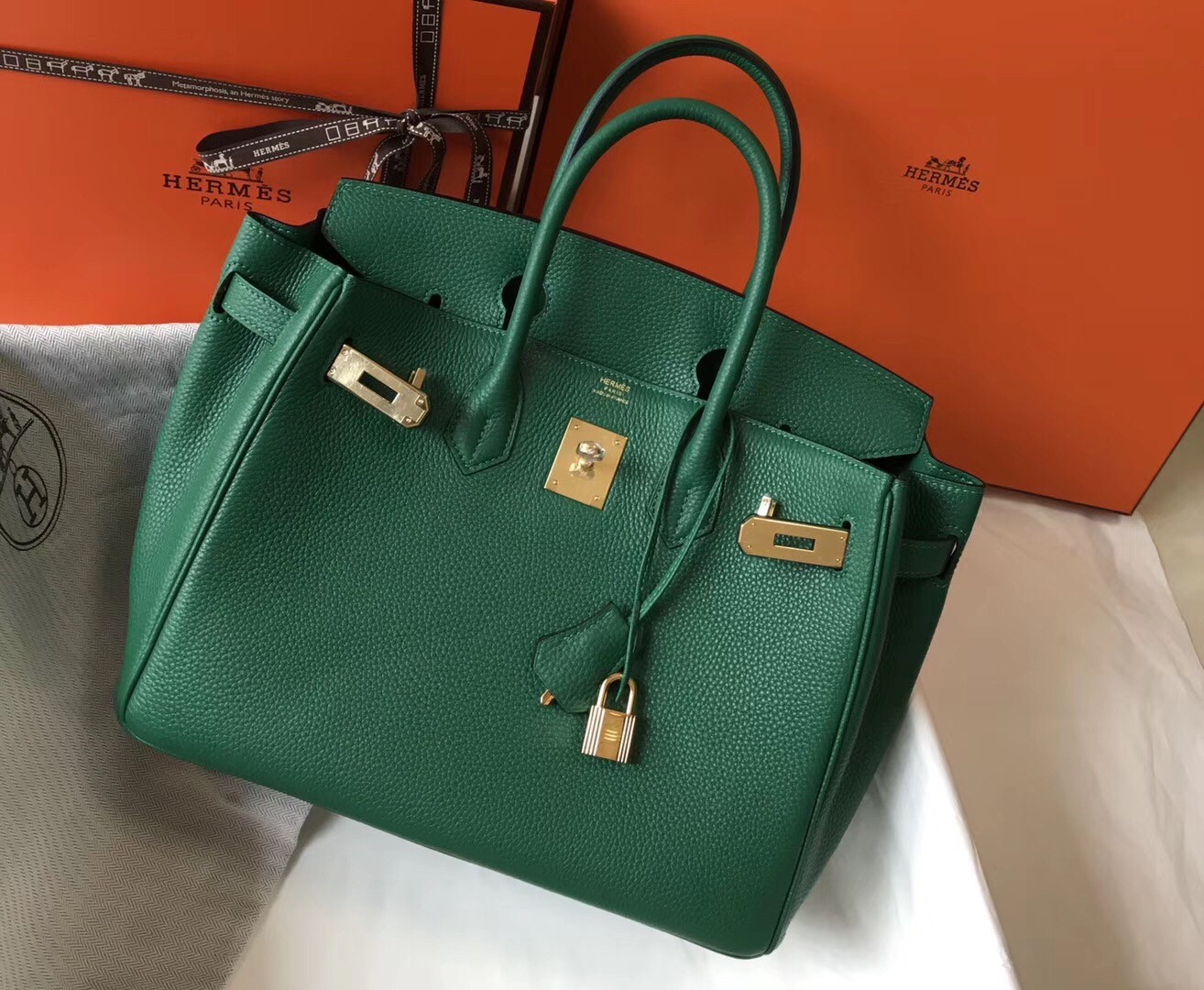 Hermes Malachite Clemence Birkin 30cm Bag