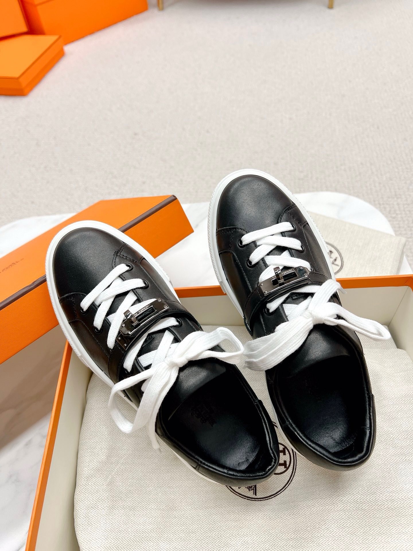 Hermes Men's Day Sneakers in Black Leather