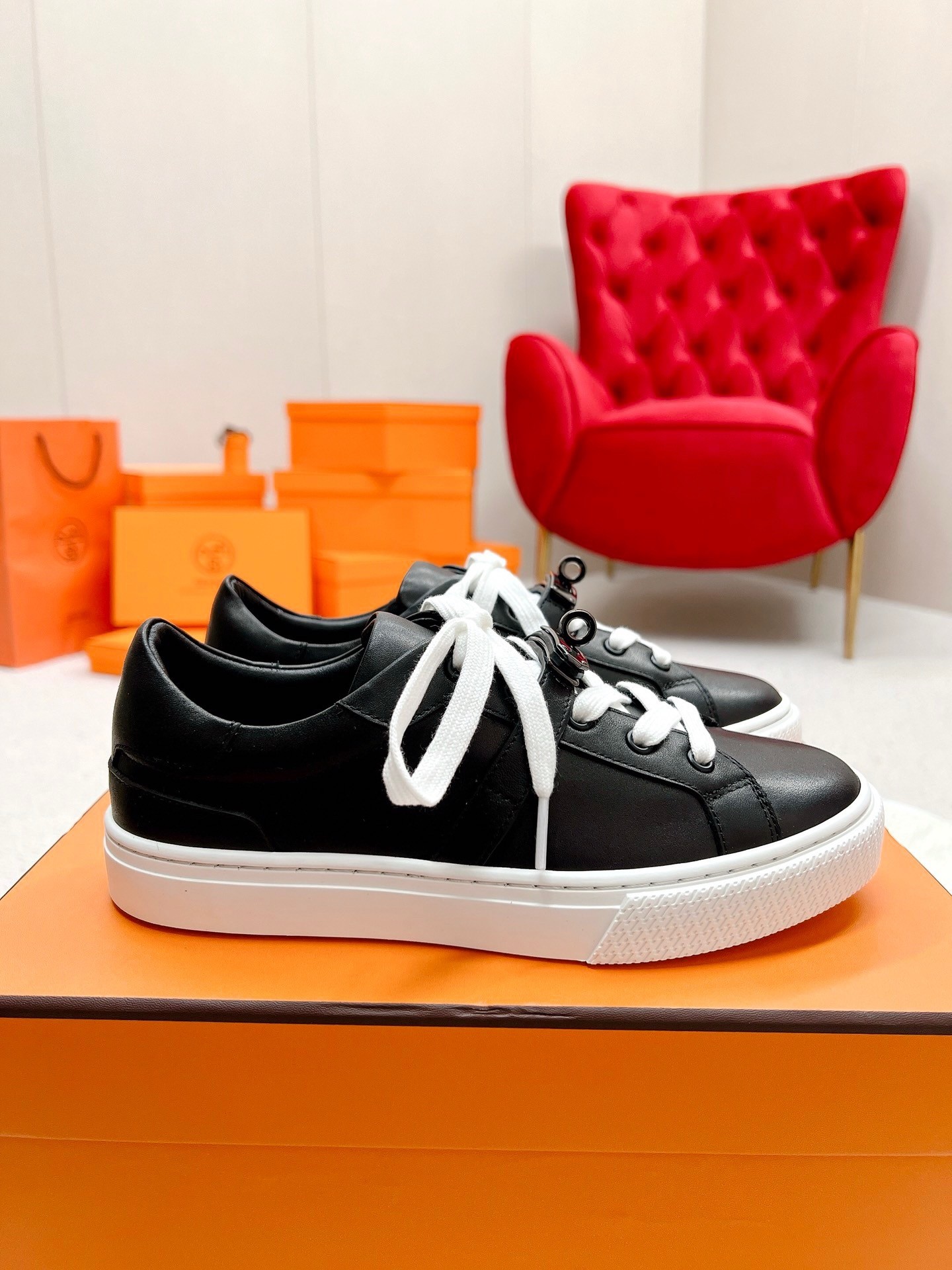 Hermes Men's Day Sneakers in Black Leather