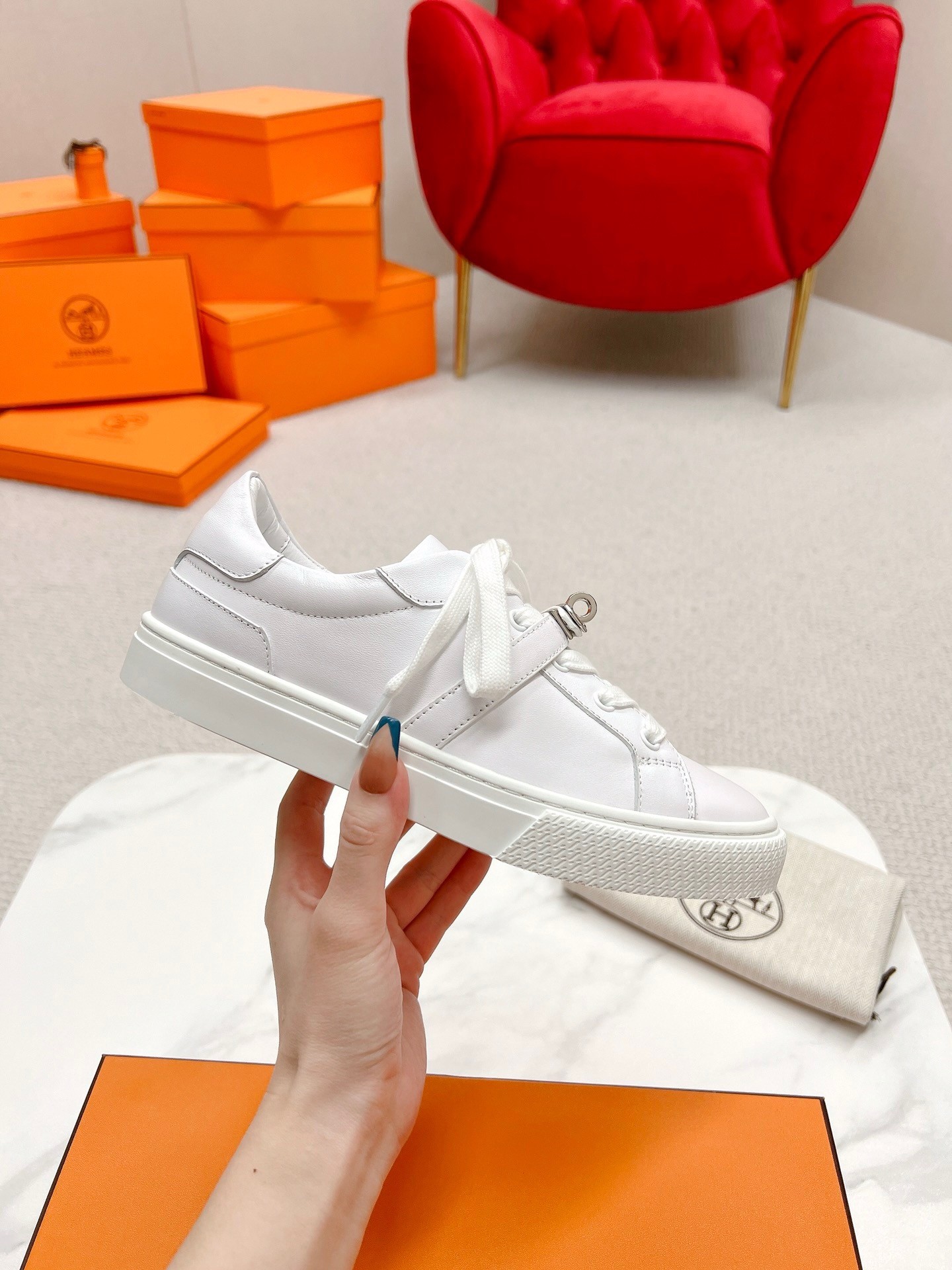 Hermes Men's Day Sneakers in White Leather