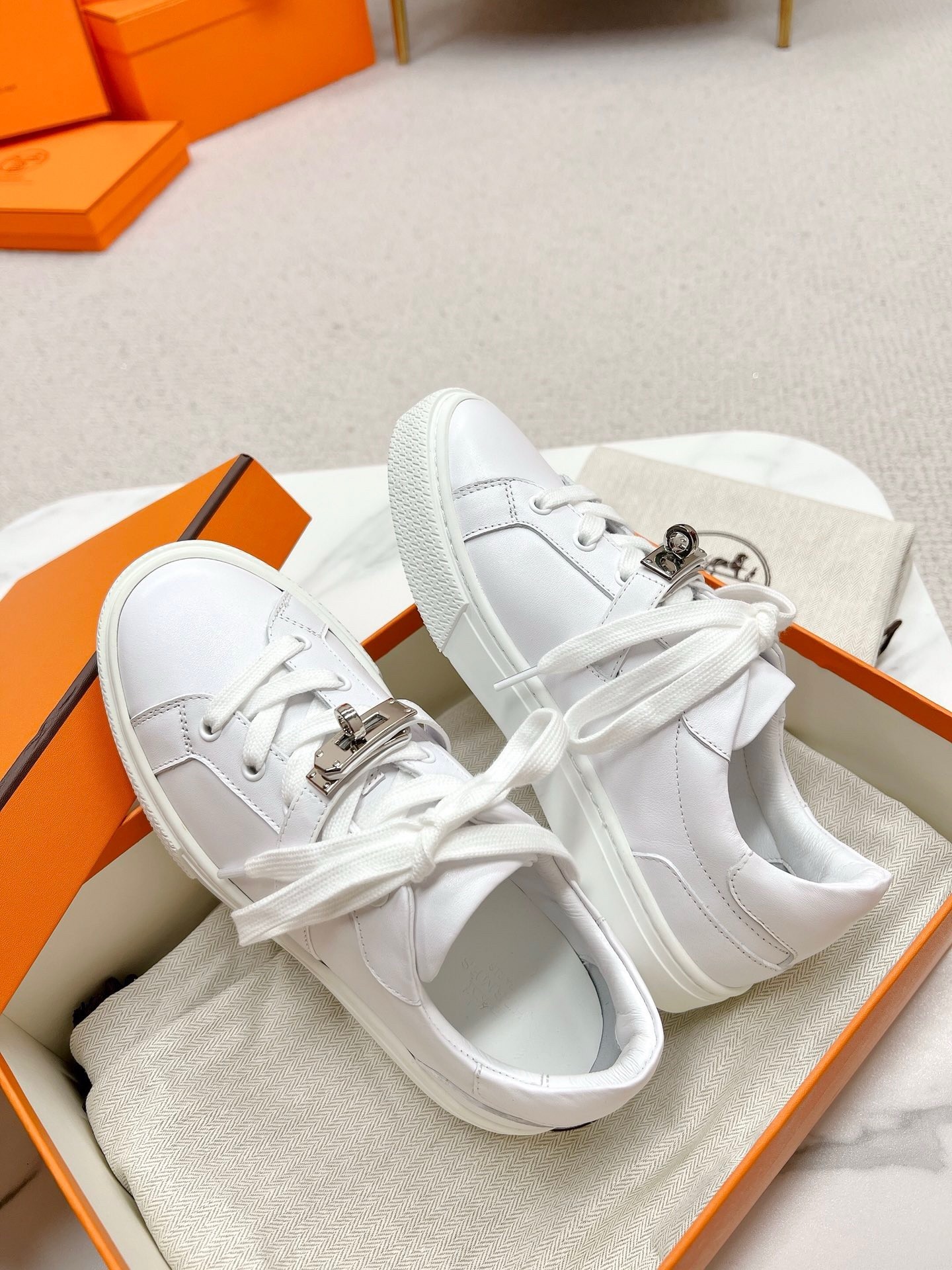 Hermes Men's Day Sneakers in White Leather