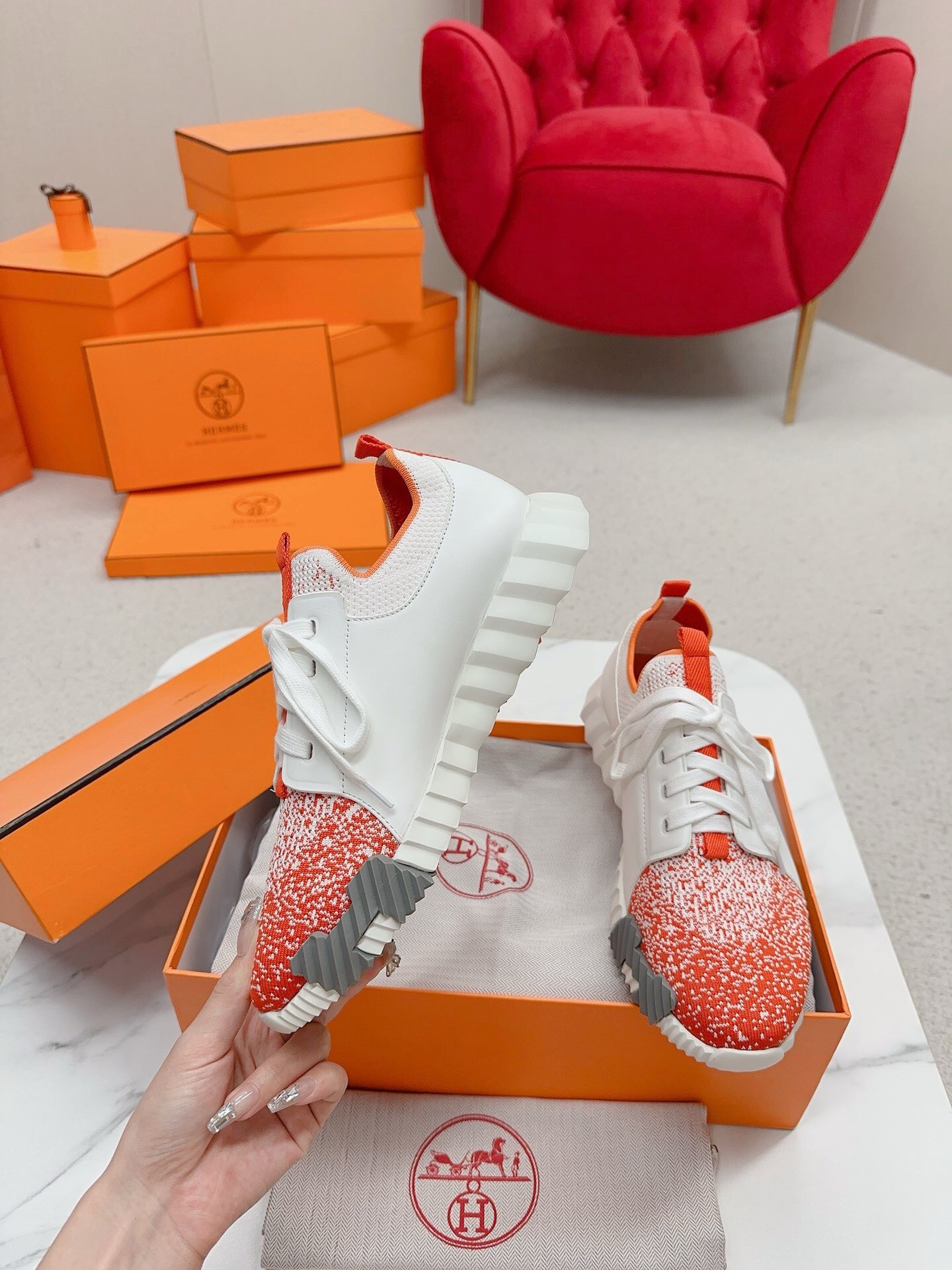 Hermes Men's Depart Sneakers in Orange Gradient Knit
