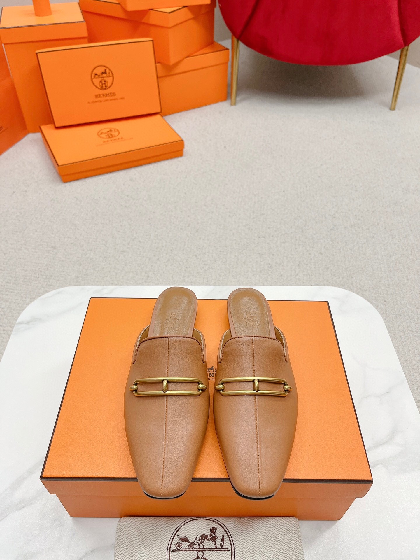 Hermes Esmee Mules in Brown Calfskin
