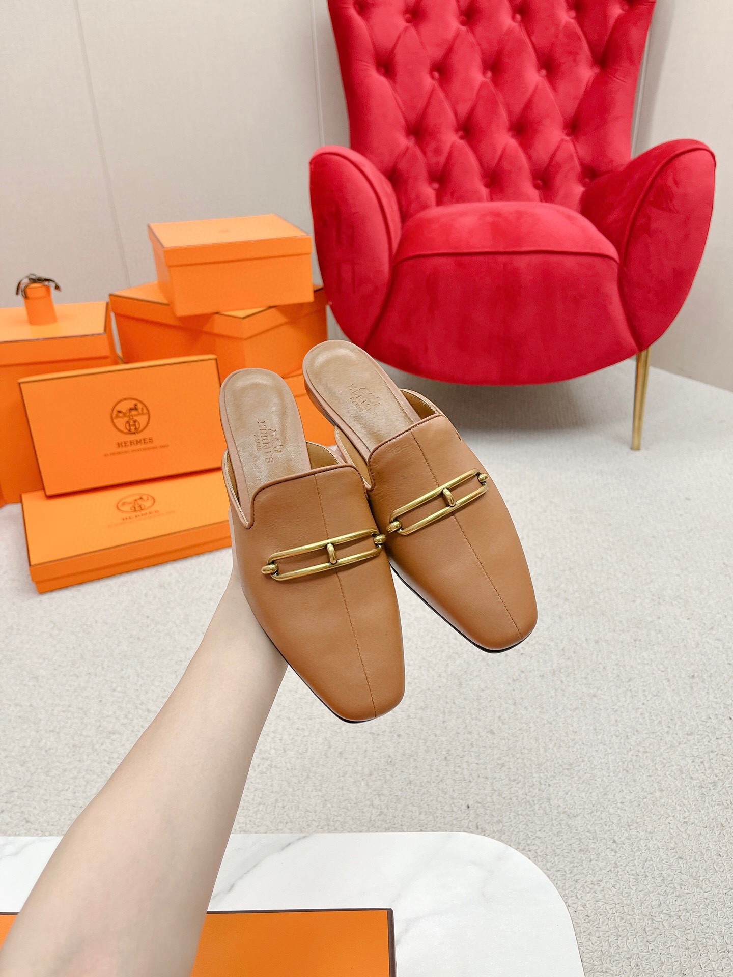 Hermes Esmee Mules in Brown Calfskin