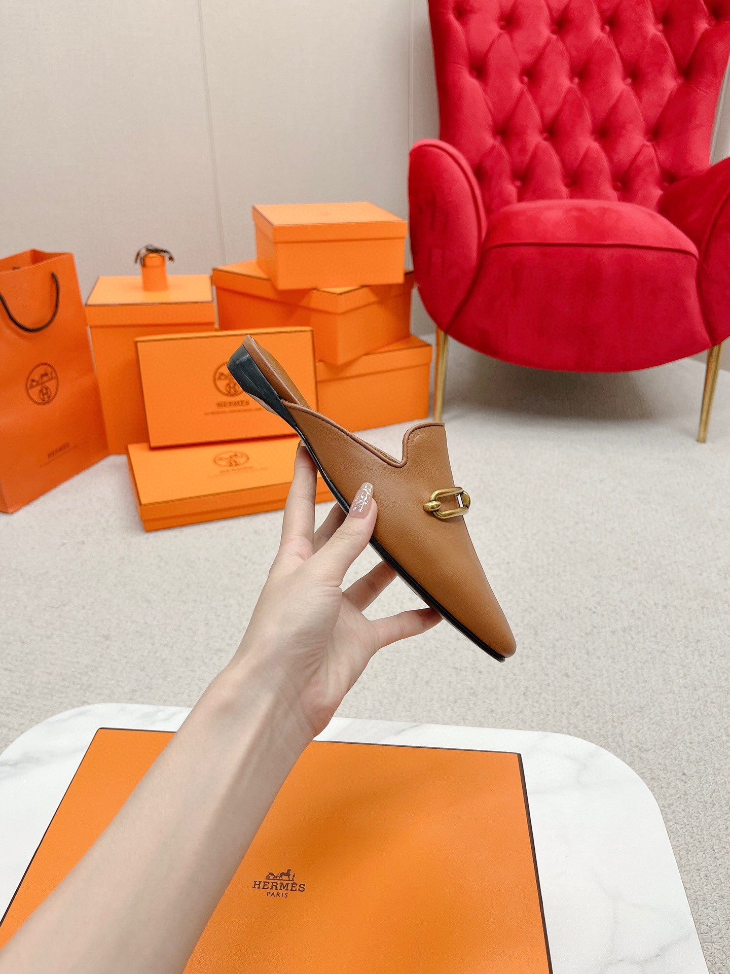 Hermes Esmee Mules in Brown Calfskin