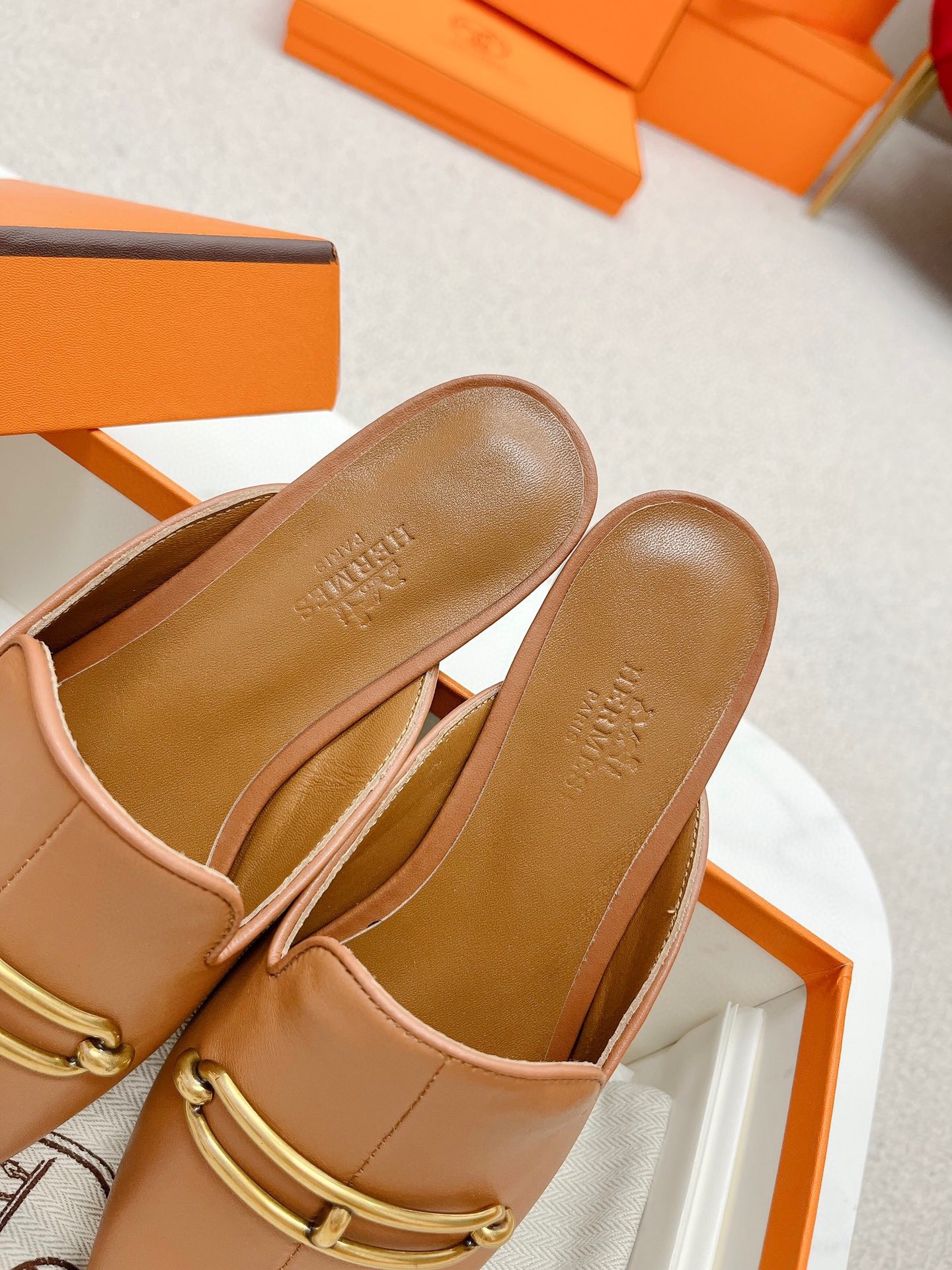 Hermes Esmee Mules in Brown Calfskin