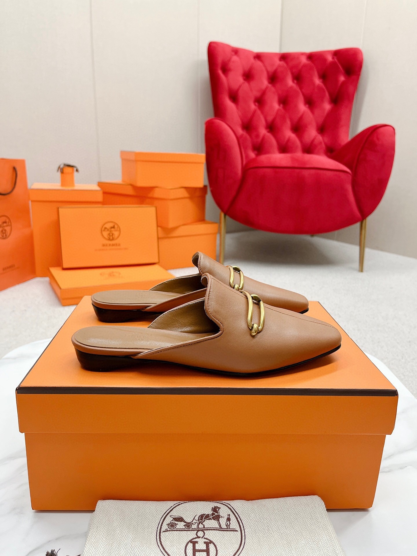 Hermes Esmee Mules in Brown Calfskin