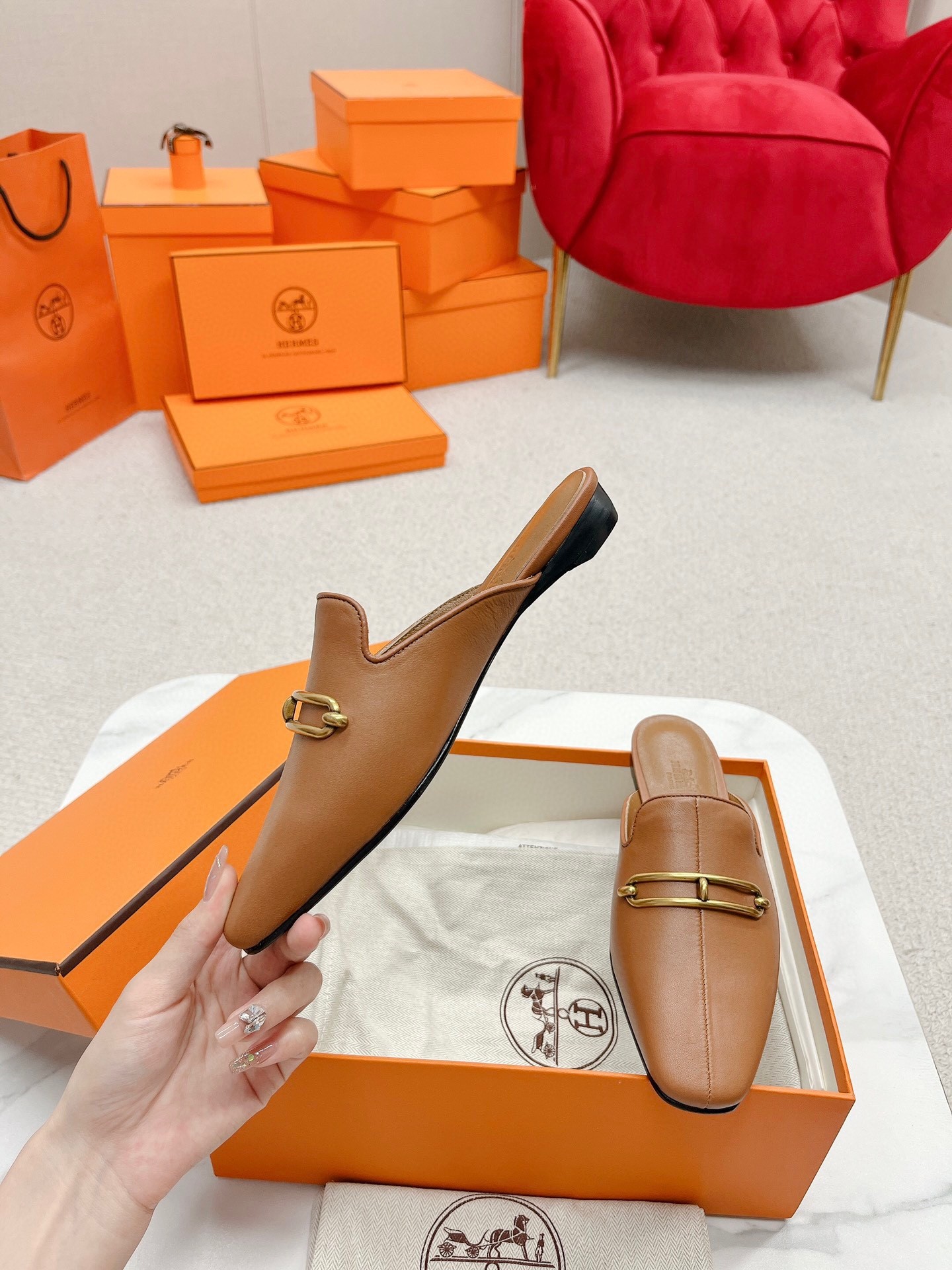Hermes Esmee Mules in Brown Calfskin