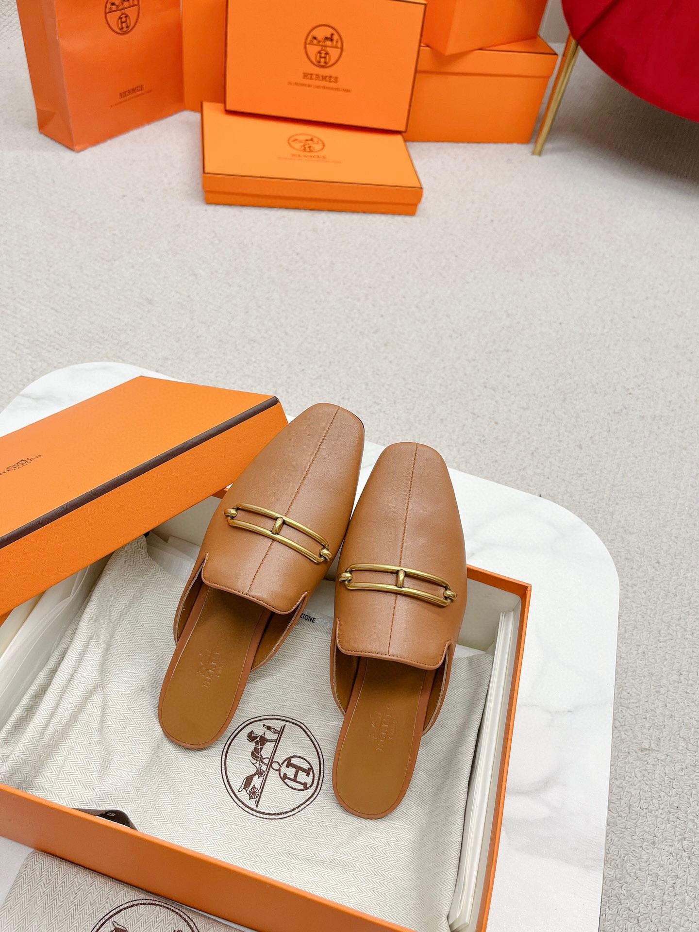 Hermes Esmee Mules in Brown Calfskin