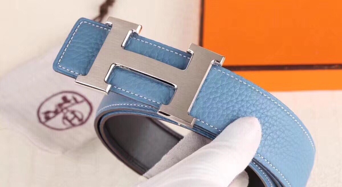 Hermes H Belt Buckle & Blue Clemence 32 MM Strap