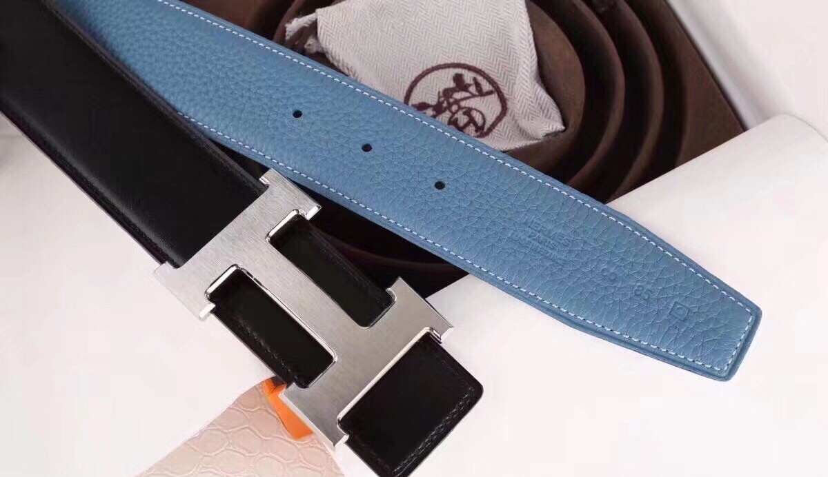 Hermes H Belt Buckle & Blue Clemence 32 MM Strap