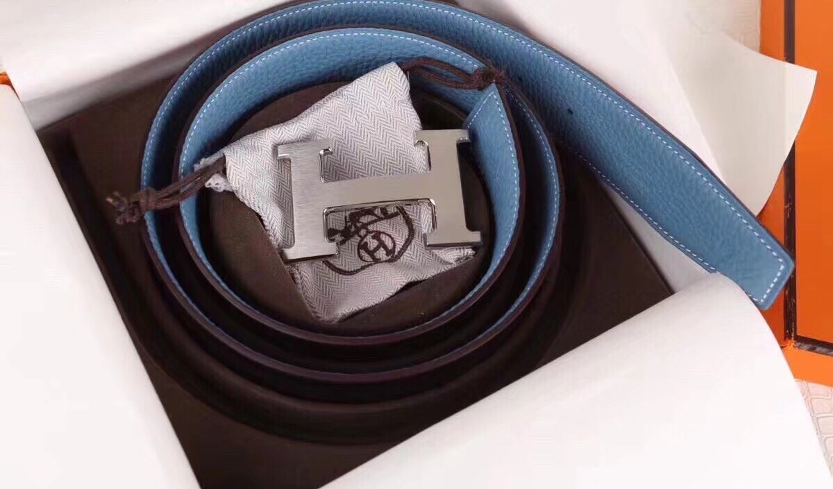 Hermes H Belt Buckle & Blue Clemence 32 MM Strap