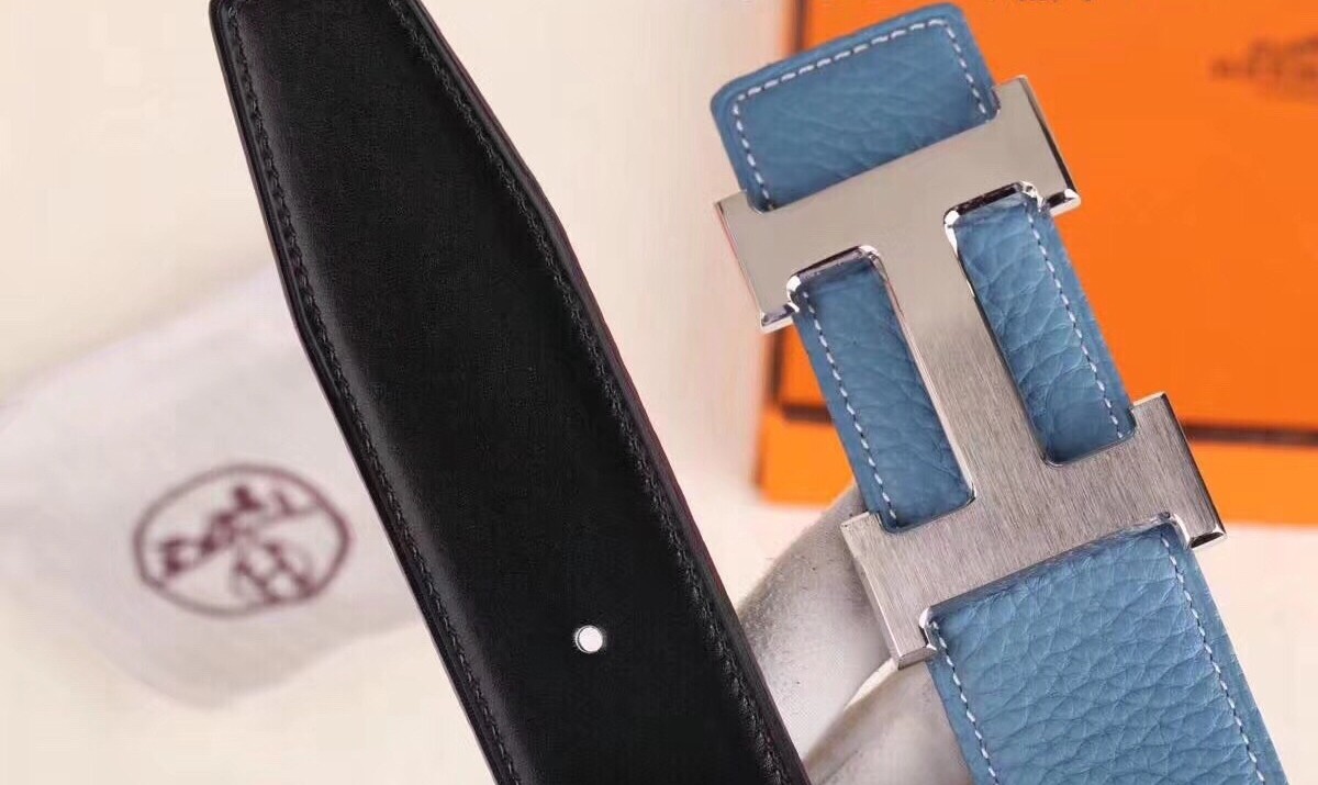 Hermes H Belt Buckle & Blue Clemence 32 MM Strap