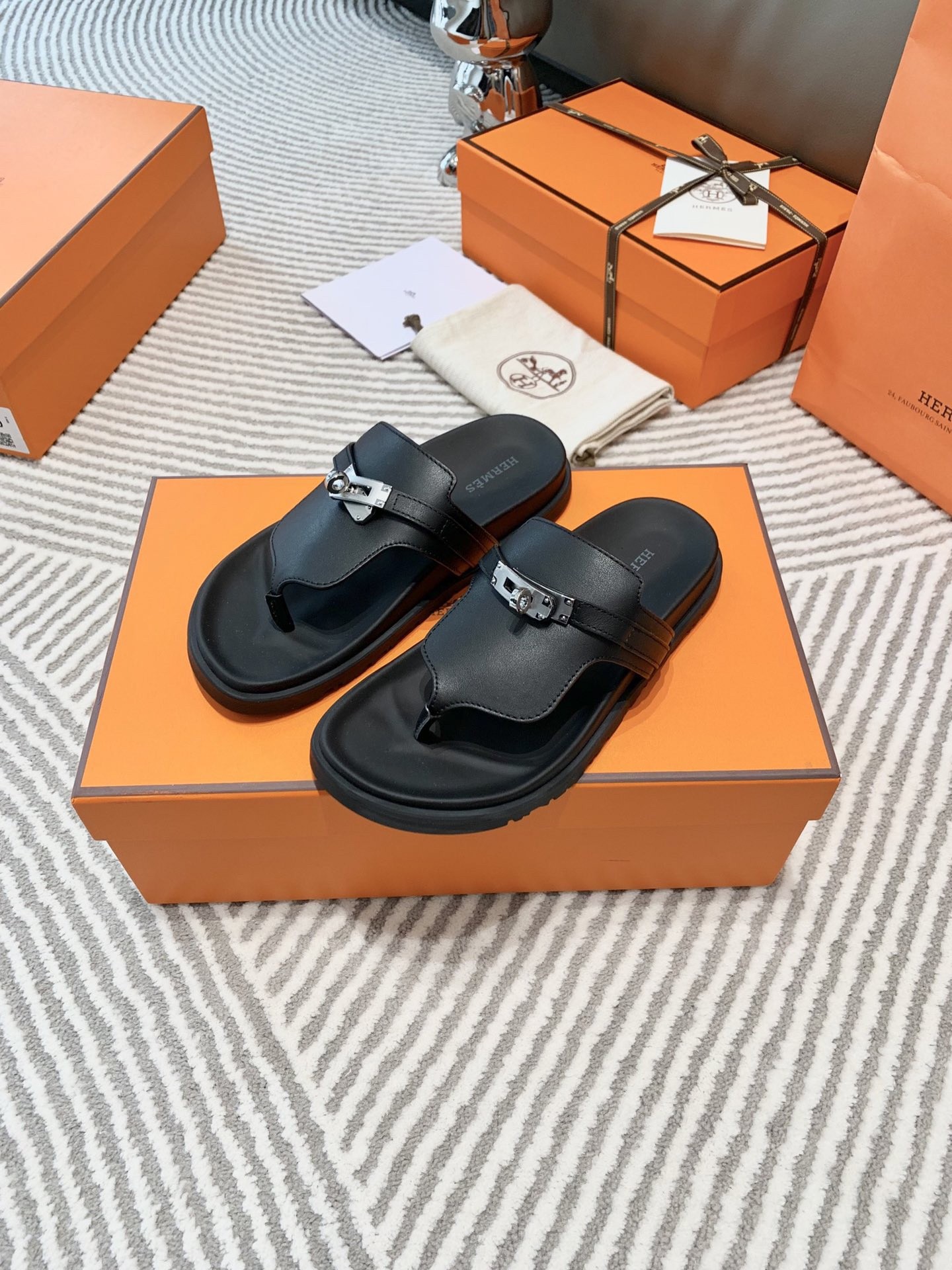 Hermes Empire Sandals in Black Calfskin