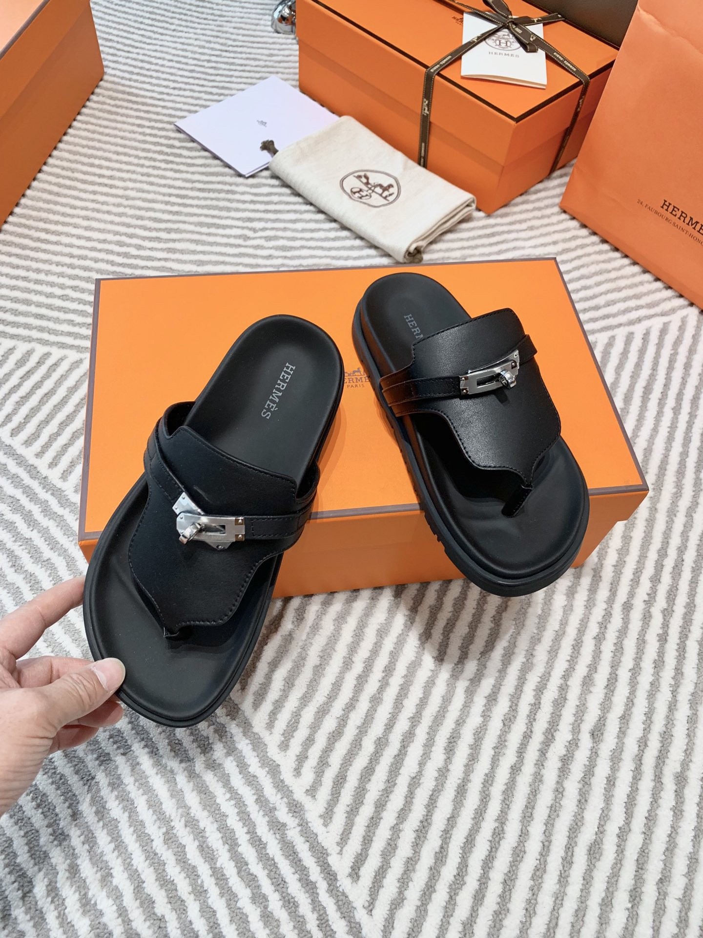 Hermes Empire Sandals in Black Calfskin