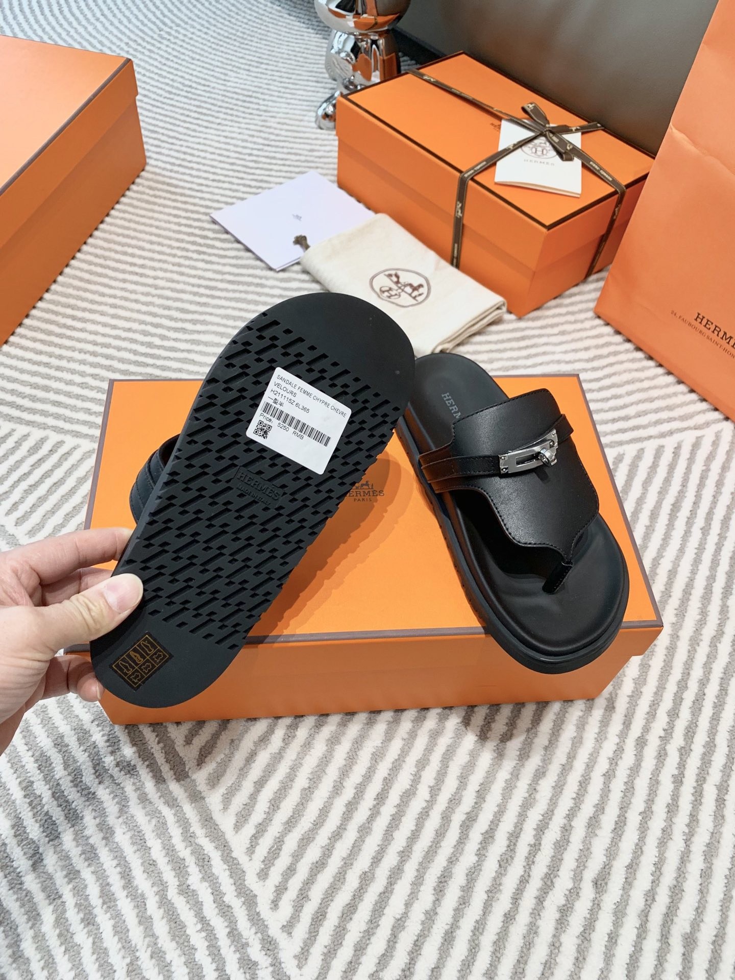 Hermes Empire Sandals in Black Calfskin