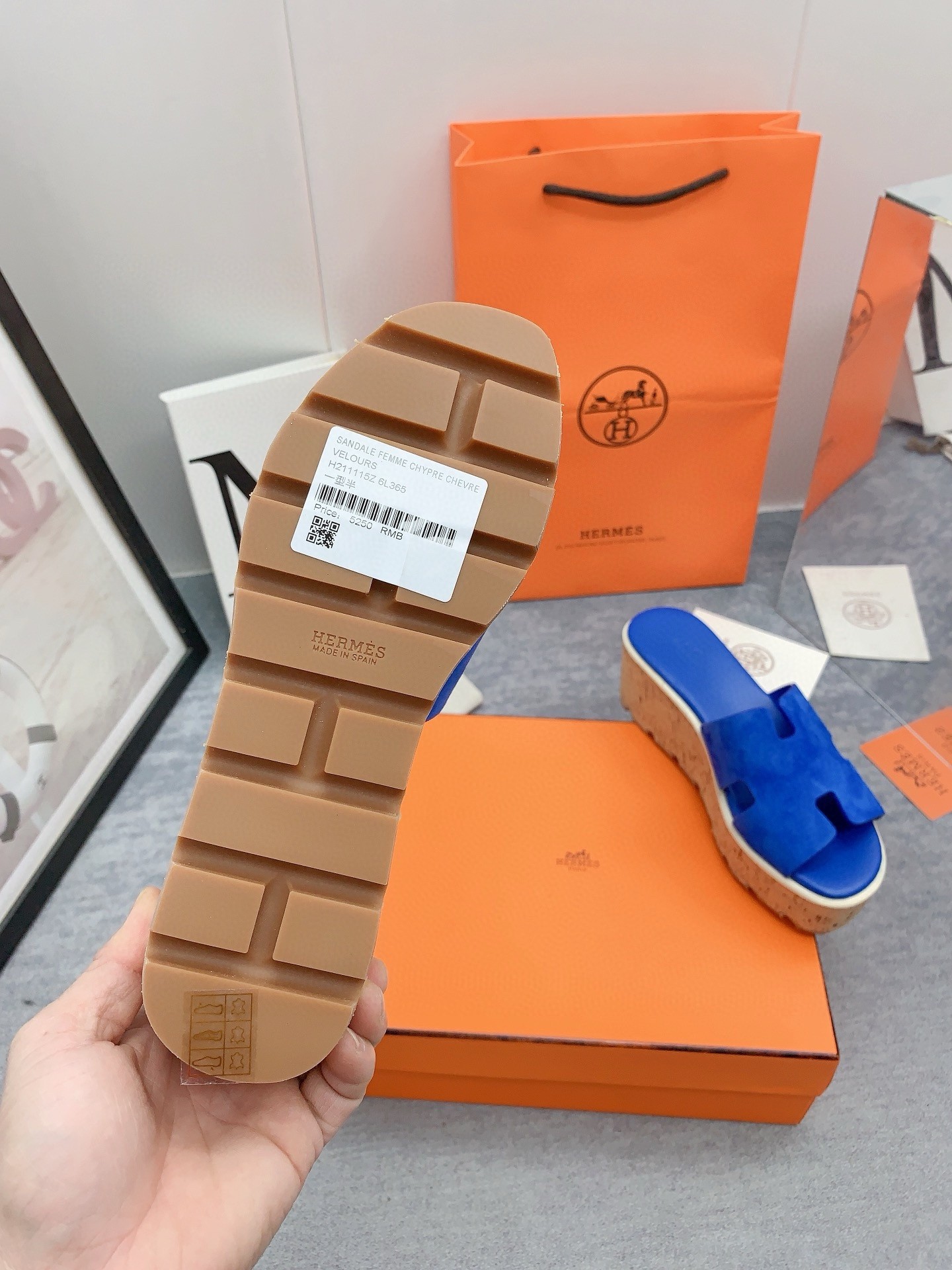 Hermes Eze 30 Cork Platform Sandals in Blue Suede Leather