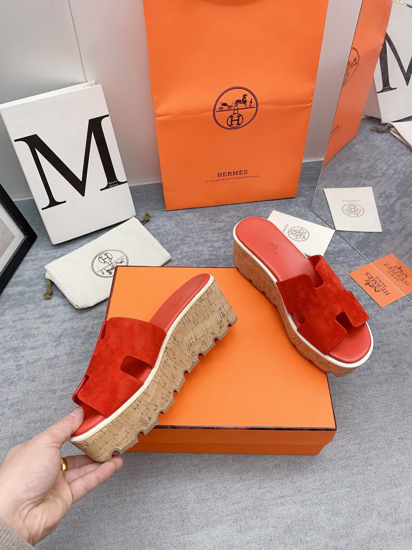 Hermes Eze 30 Cork Platform Sandals in Piment Suede Leather