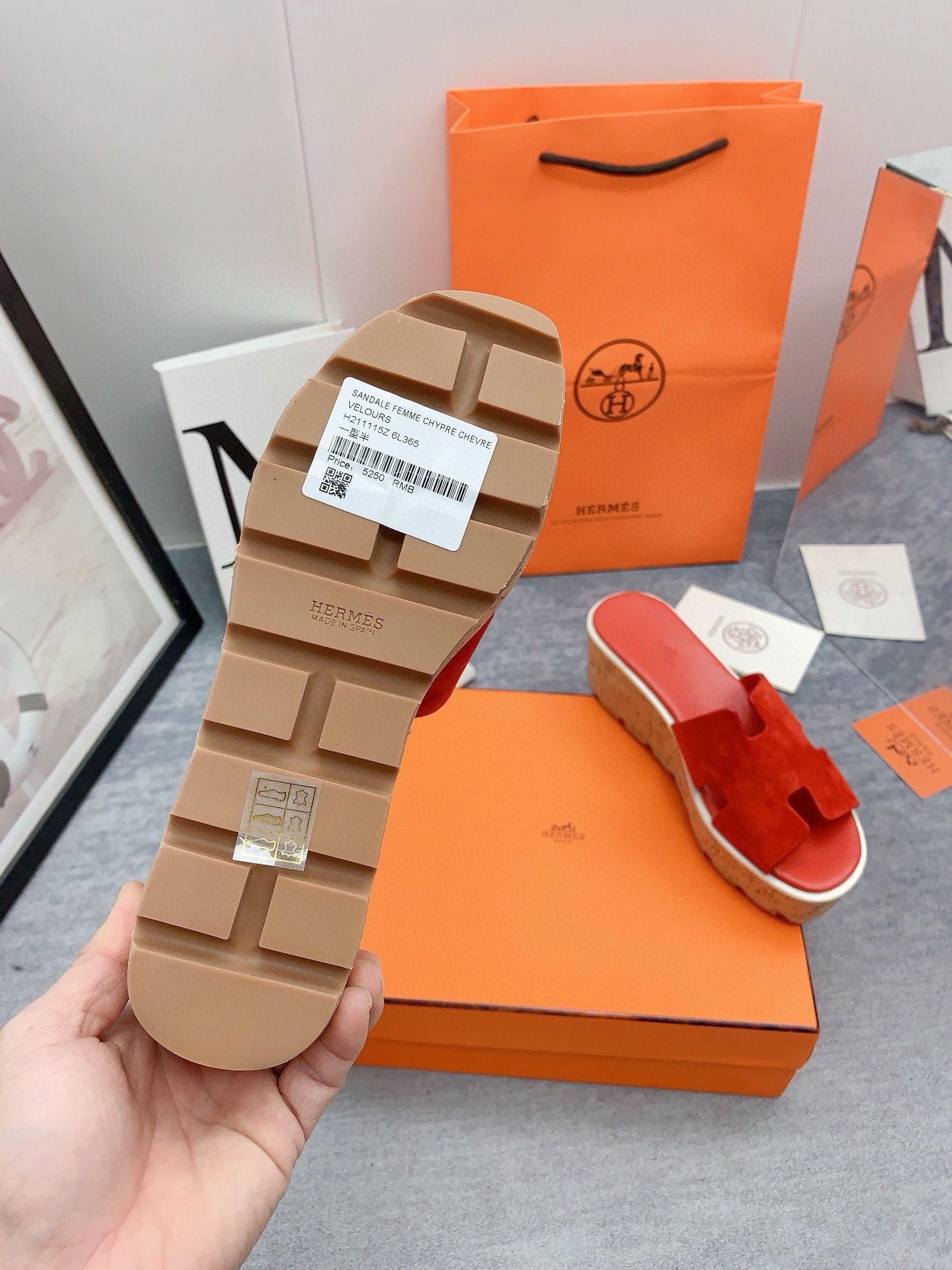 Hermes Eze 30 Cork Platform Sandals in Piment Suede Leather