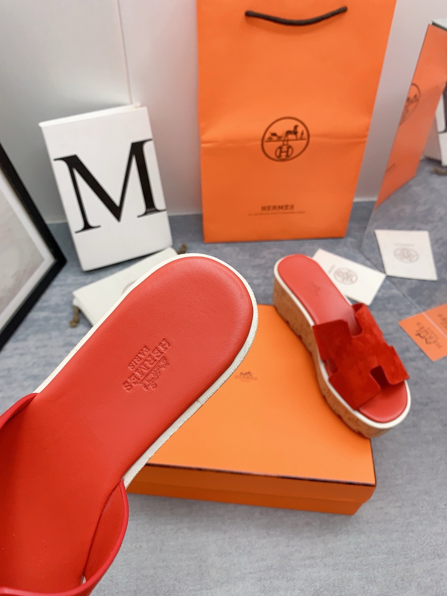 Hermes Eze 30 Cork Platform Sandals in Piment Suede Leather
