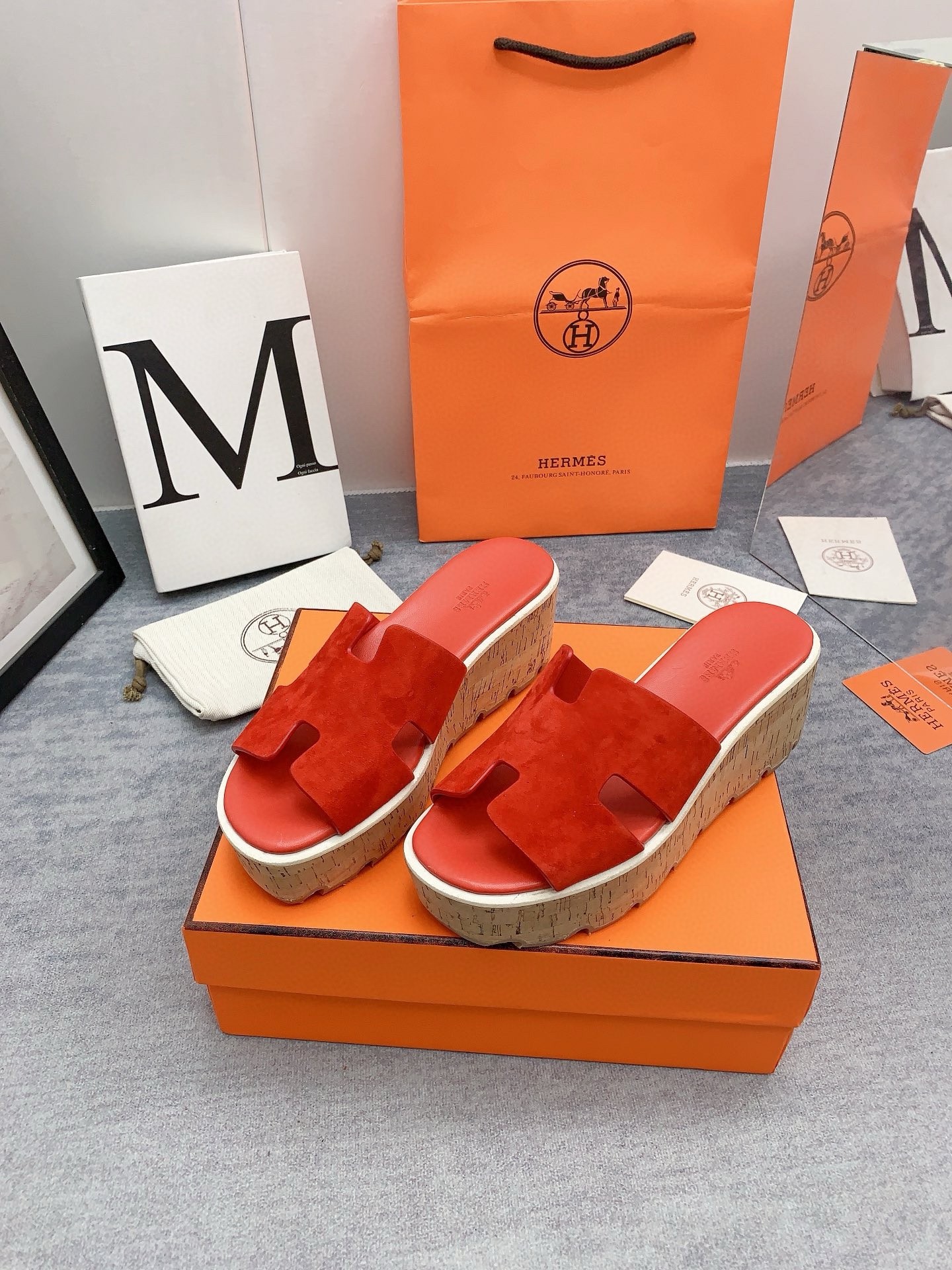 Hermes Eze 30 Cork Platform Sandals in Piment Suede Leather