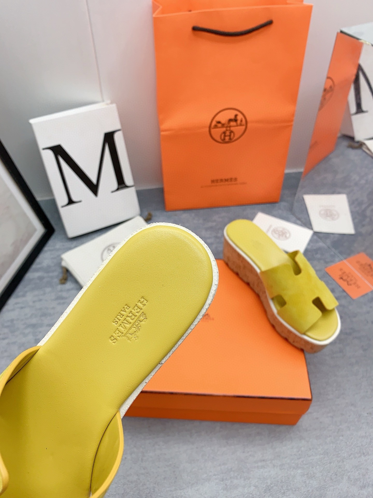 Hermes Eze 30 Cork Platform Sandals in Yellow Suede Leather