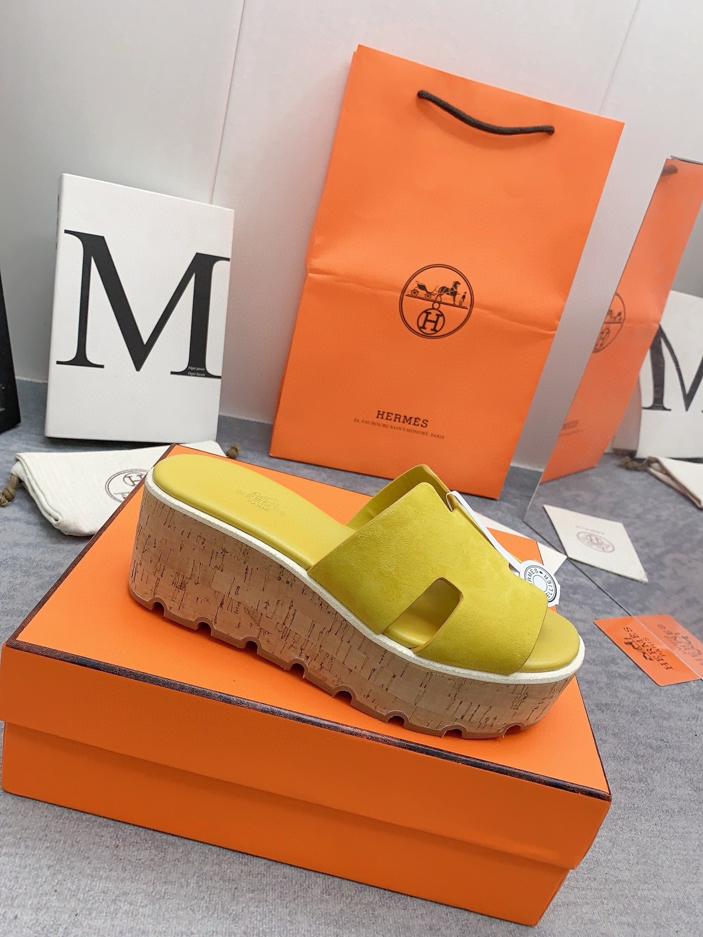 Hermes Eze 30 Cork Platform Sandals in Yellow Suede Leather