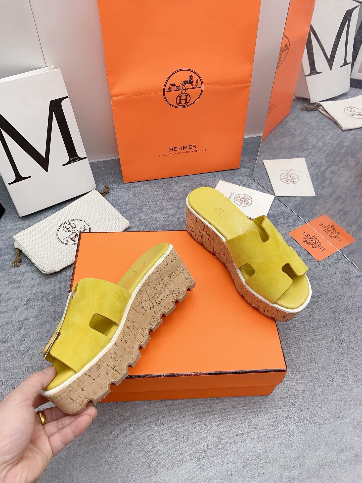Hermes Eze 30 Cork Platform Sandals in Yellow Suede Leather