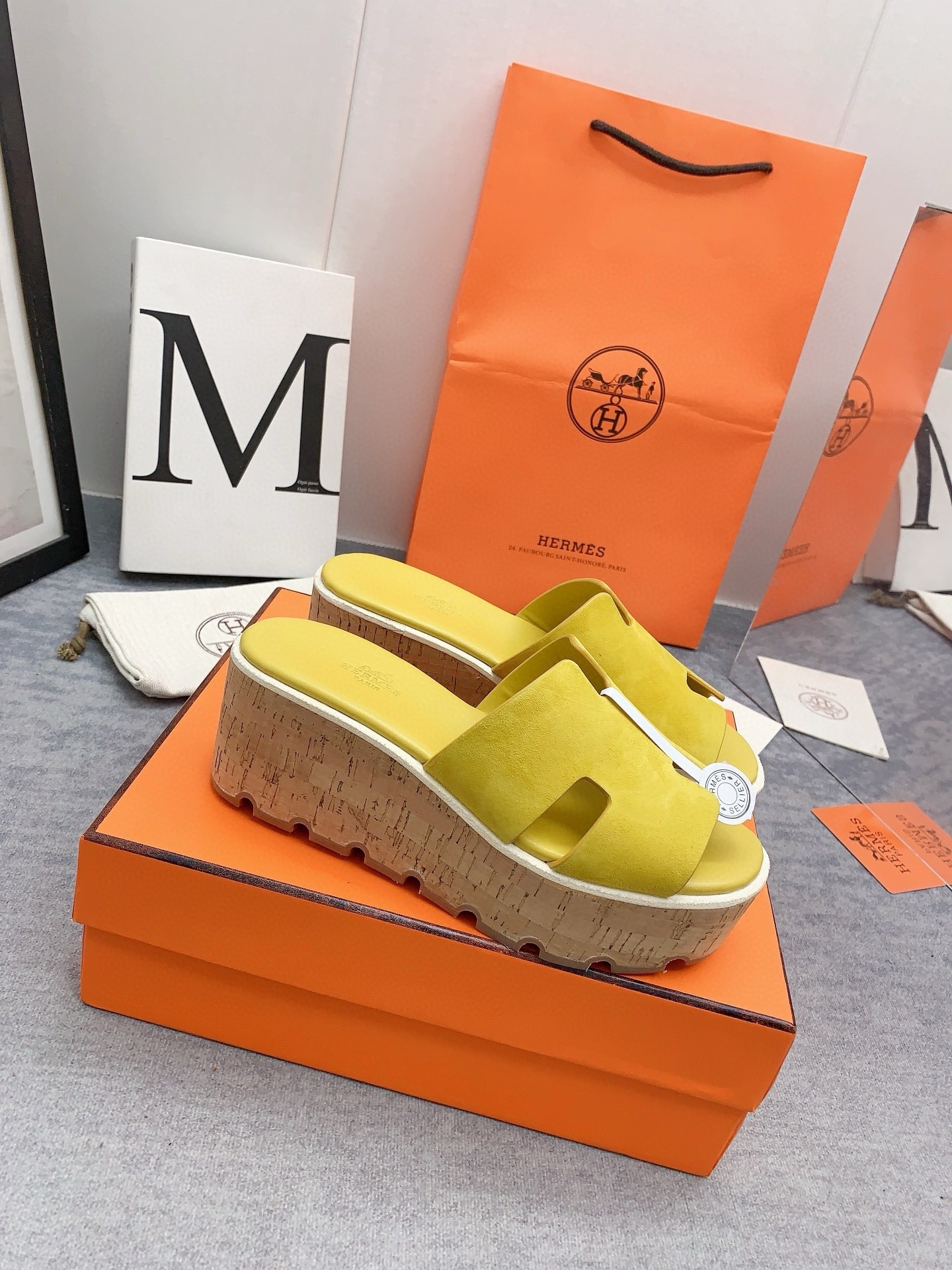 Hermes Eze 30 Cork Platform Sandals in Yellow Suede Leather