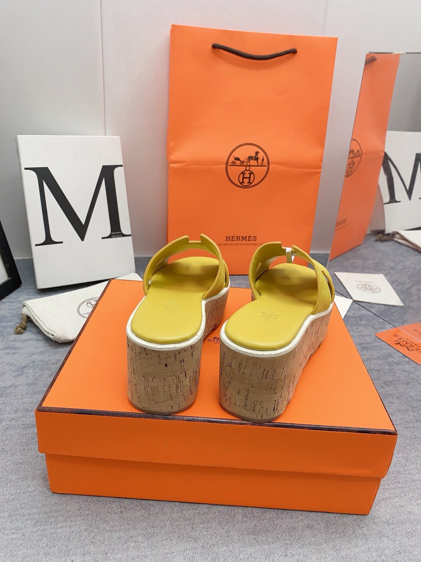 Hermes Eze 30 Cork Platform Sandals in Yellow Suede Leather