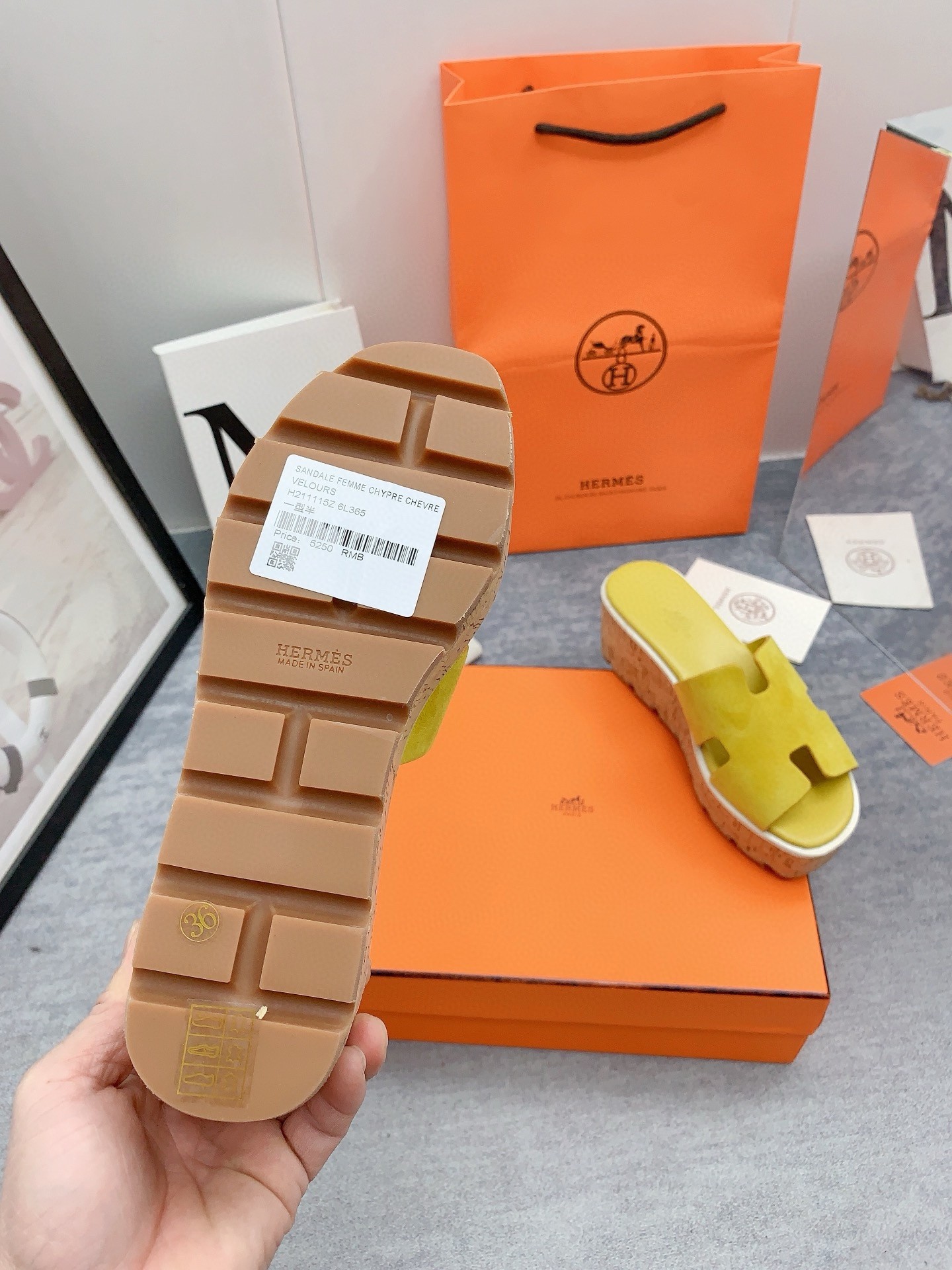 Hermes Eze 30 Cork Platform Sandals in Yellow Suede Leather