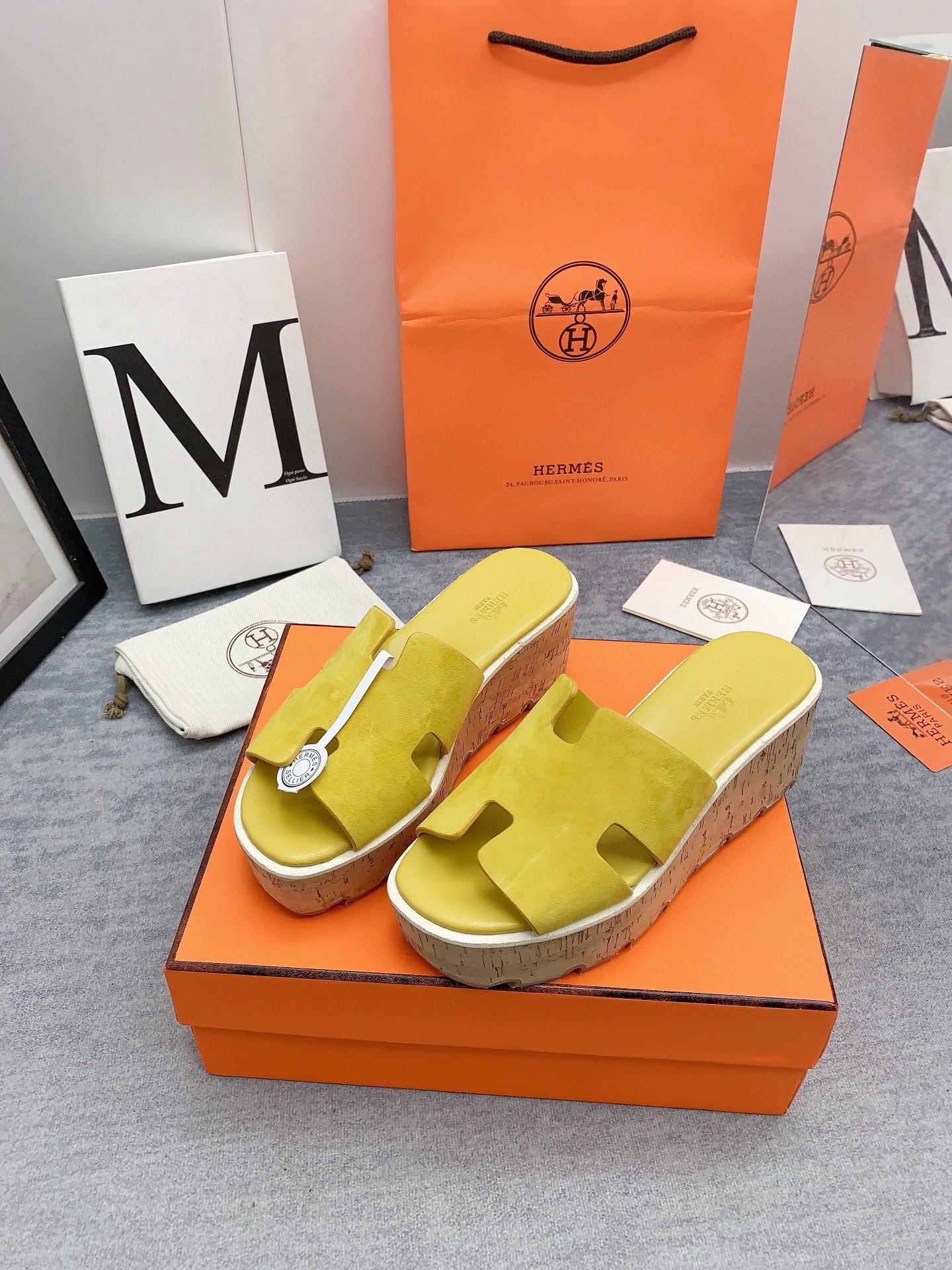 Hermes Eze 30 Cork Platform Sandals in Yellow Suede Leather