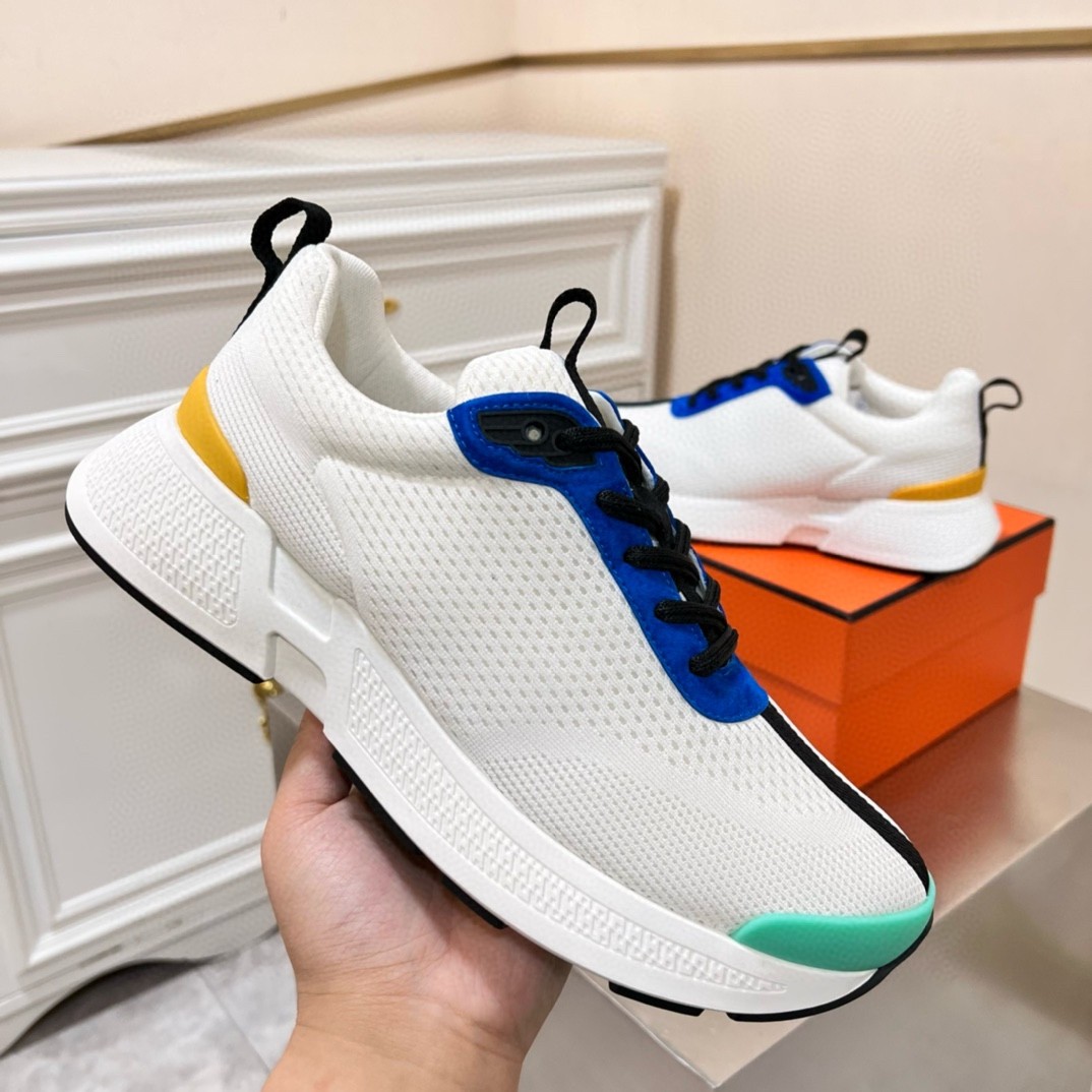 Hermes Heros Sneakers in White Knit and Blue Suede
