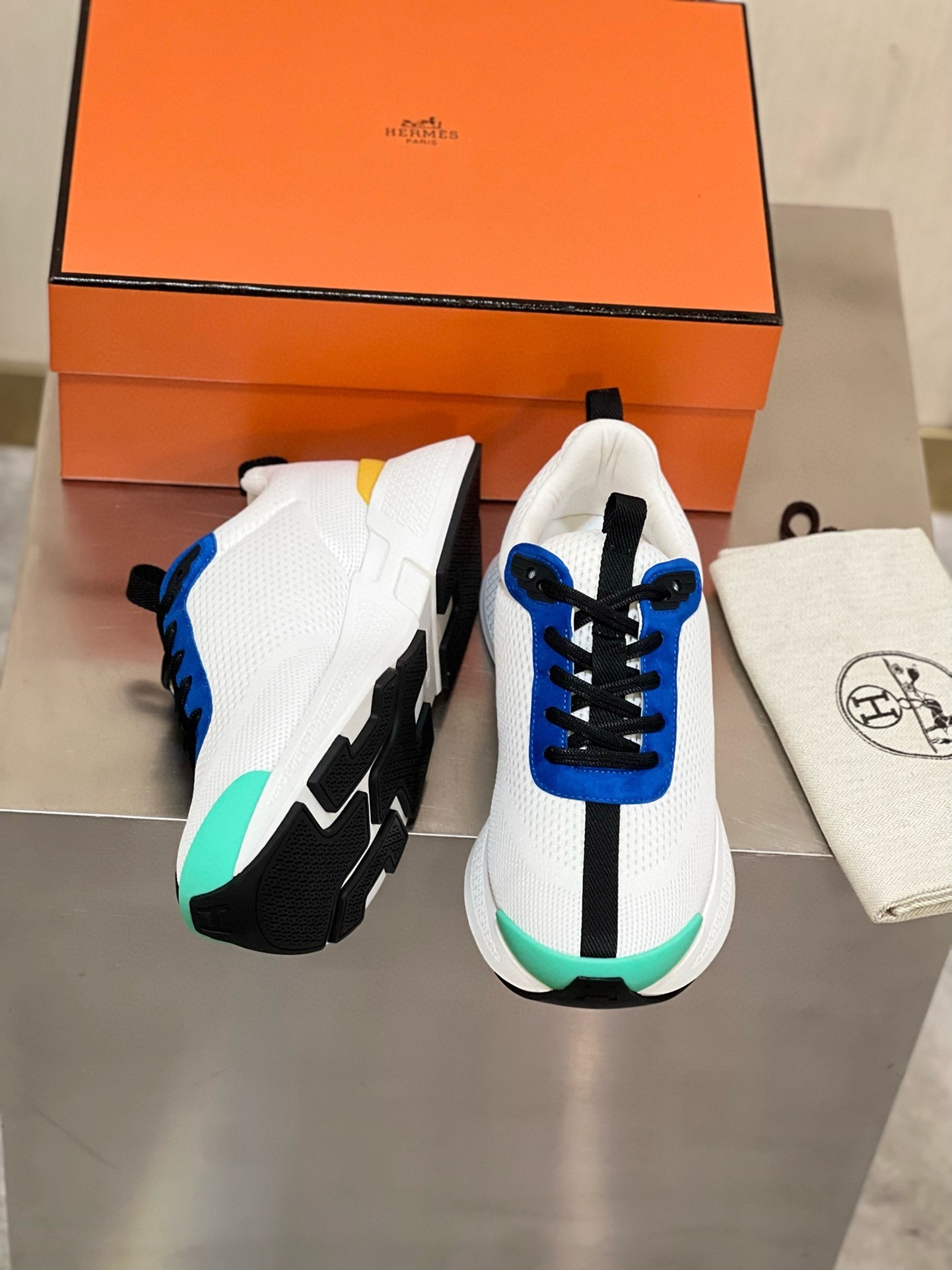 Hermes Heros Sneakers in White Knit and Blue Suede