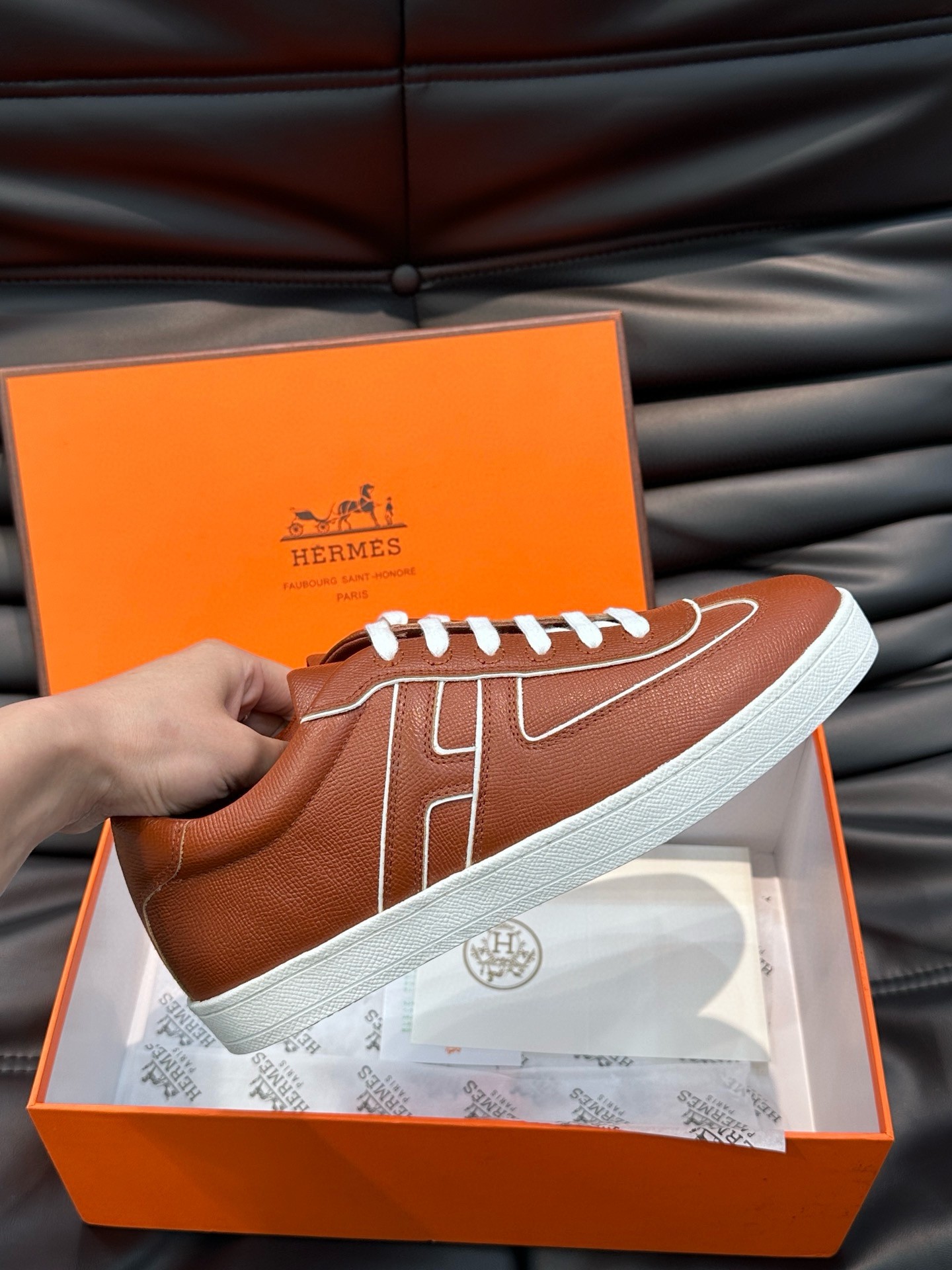 Hermes Boomerang Sneakers In Brown Epsom Calfskin