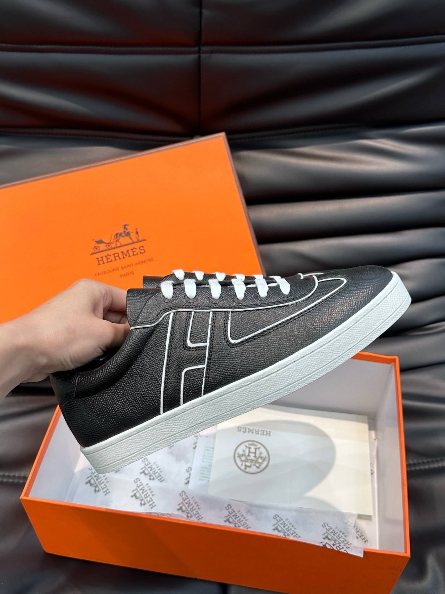 Hermes Boomerang Sneakers In Noir Epsom Calfskin