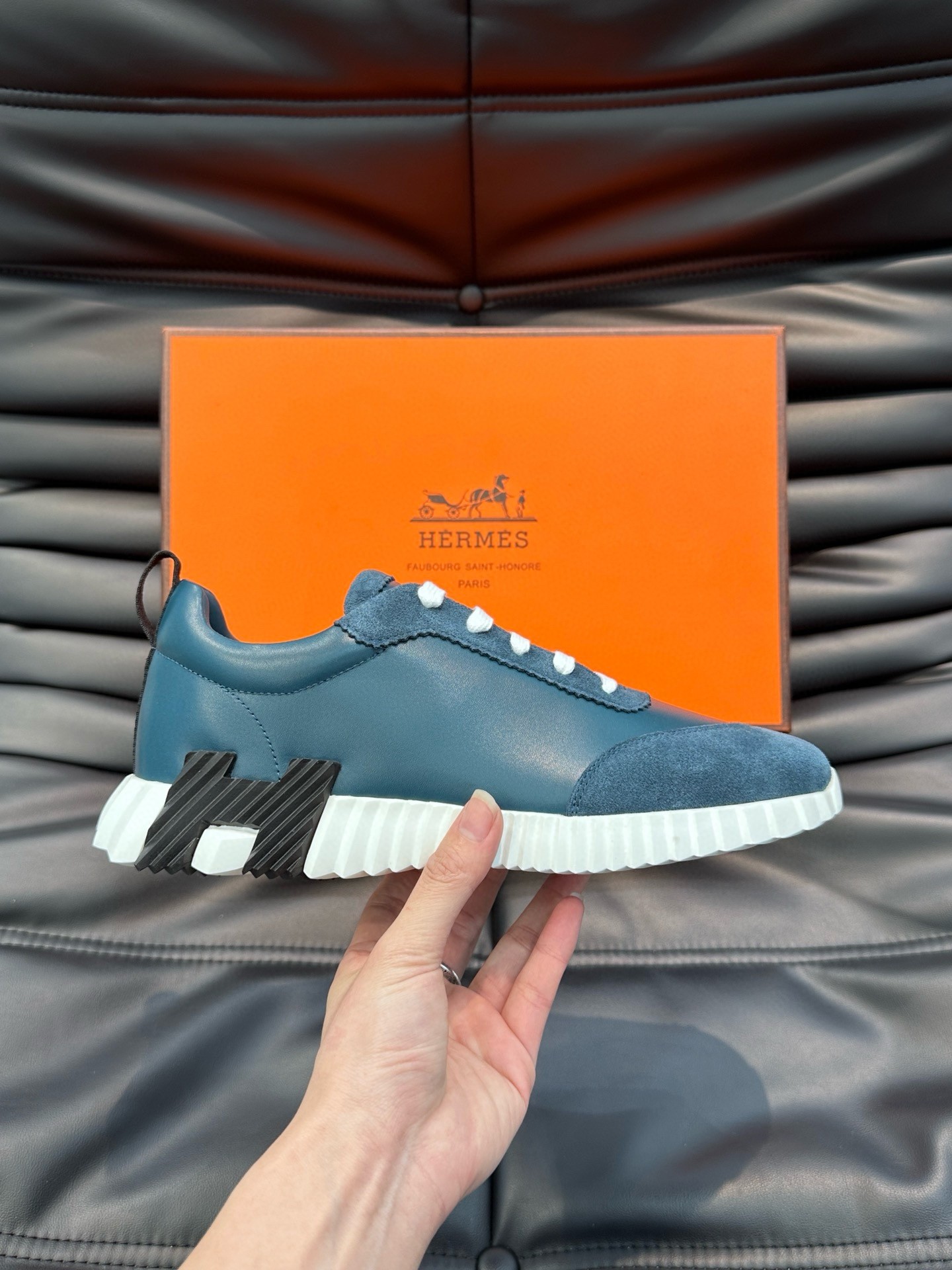 Hermes Men's Bouncing Sneakers in Blue Leather