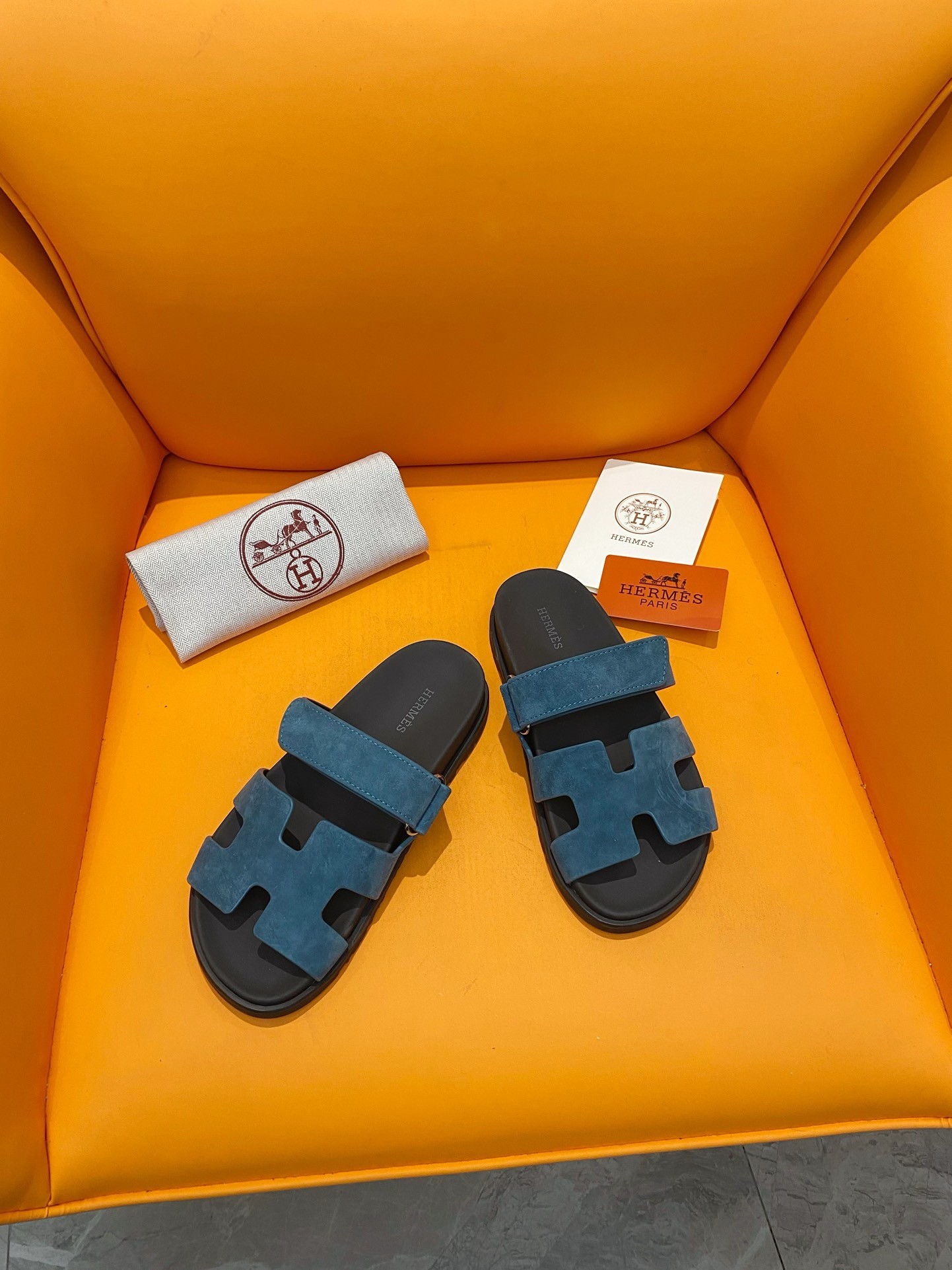 Hermes Men's Chypre Sandals in Blue Suede Calfskin