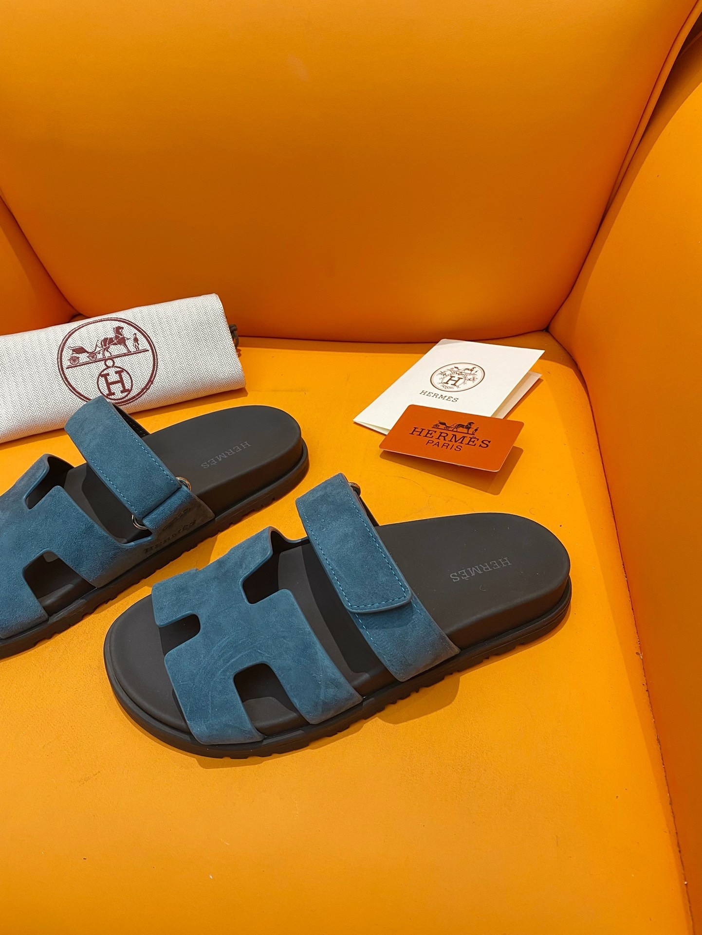 Hermes Men's Chypre Sandals in Blue Suede Calfskin