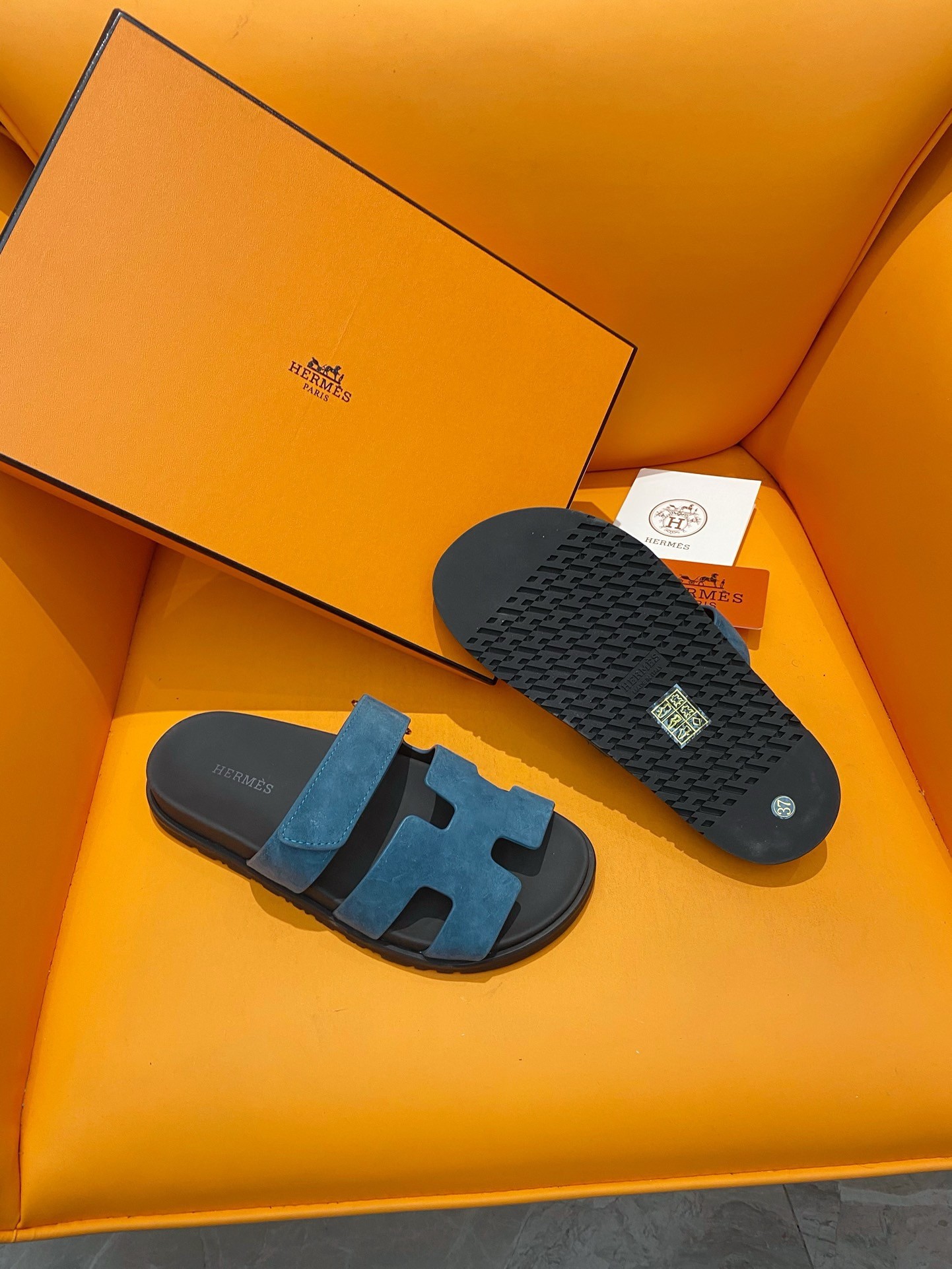 Hermes Men's Chypre Sandals in Blue Suede Calfskin
