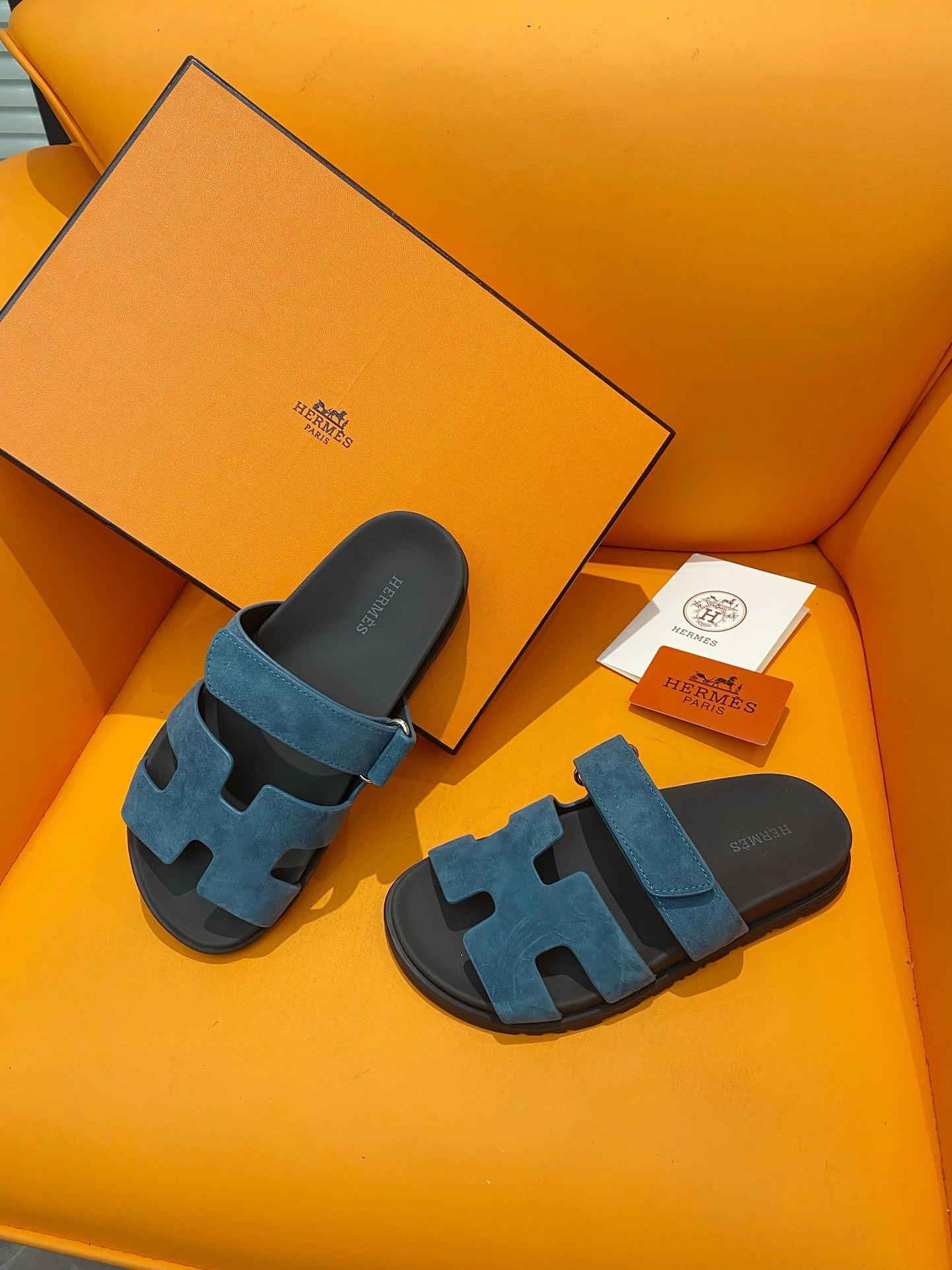 Hermes Men's Chypre Sandals in Blue Suede Calfskin