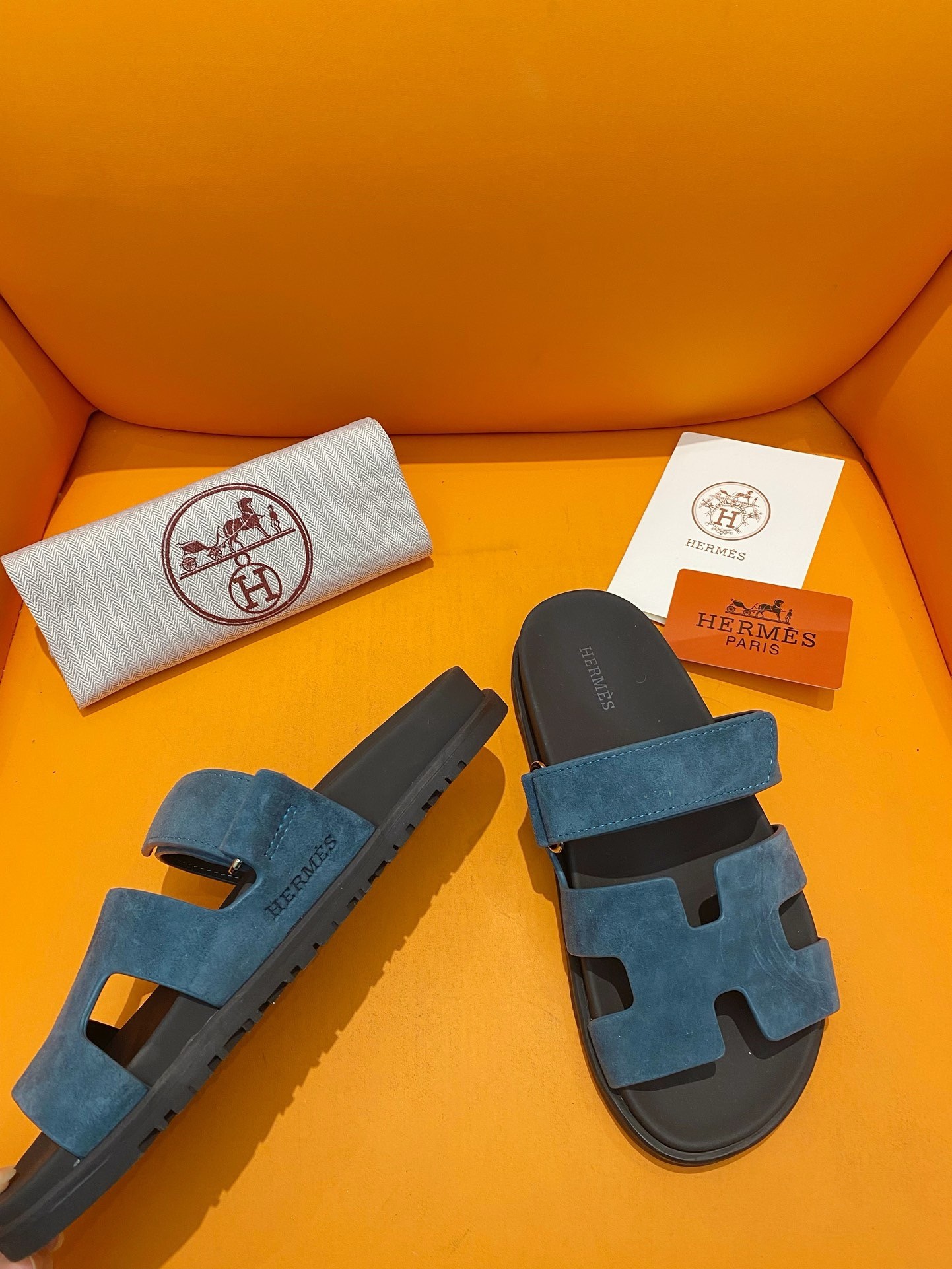 Hermes Men's Chypre Sandals in Blue Suede Calfskin