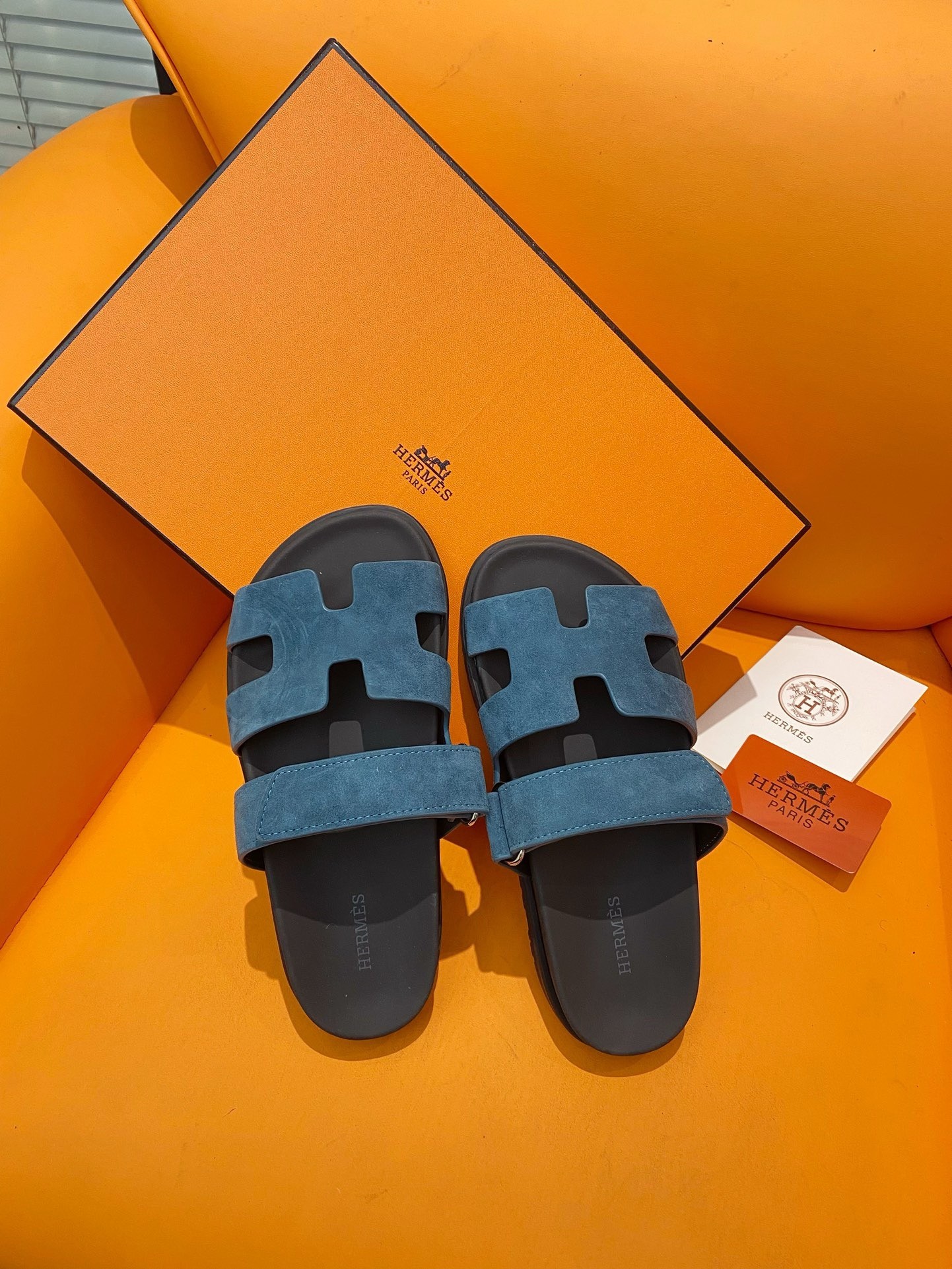 Hermes Men's Chypre Sandals in Blue Suede Calfskin