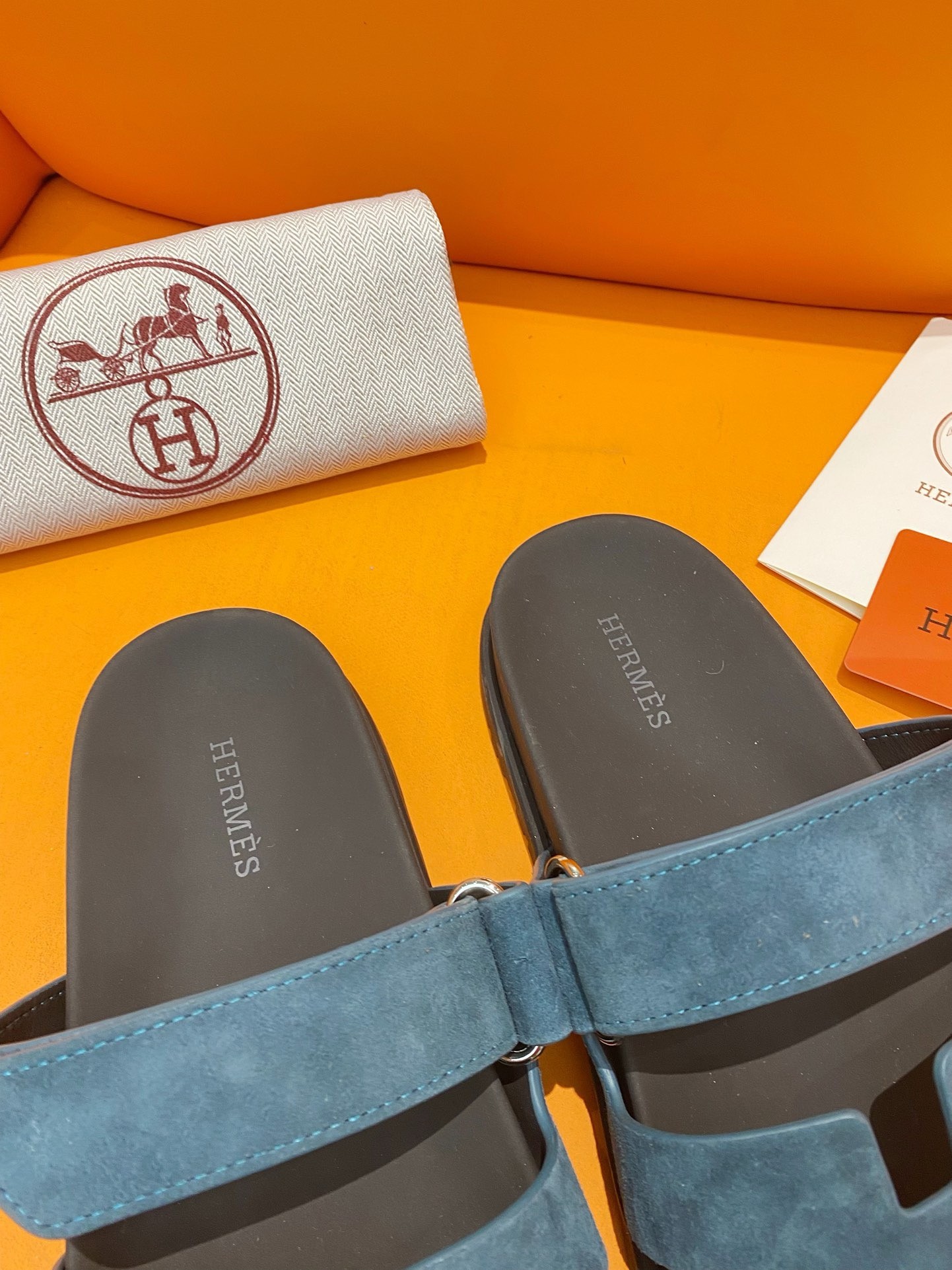 Hermes Men's Chypre Sandals in Blue Suede Calfskin