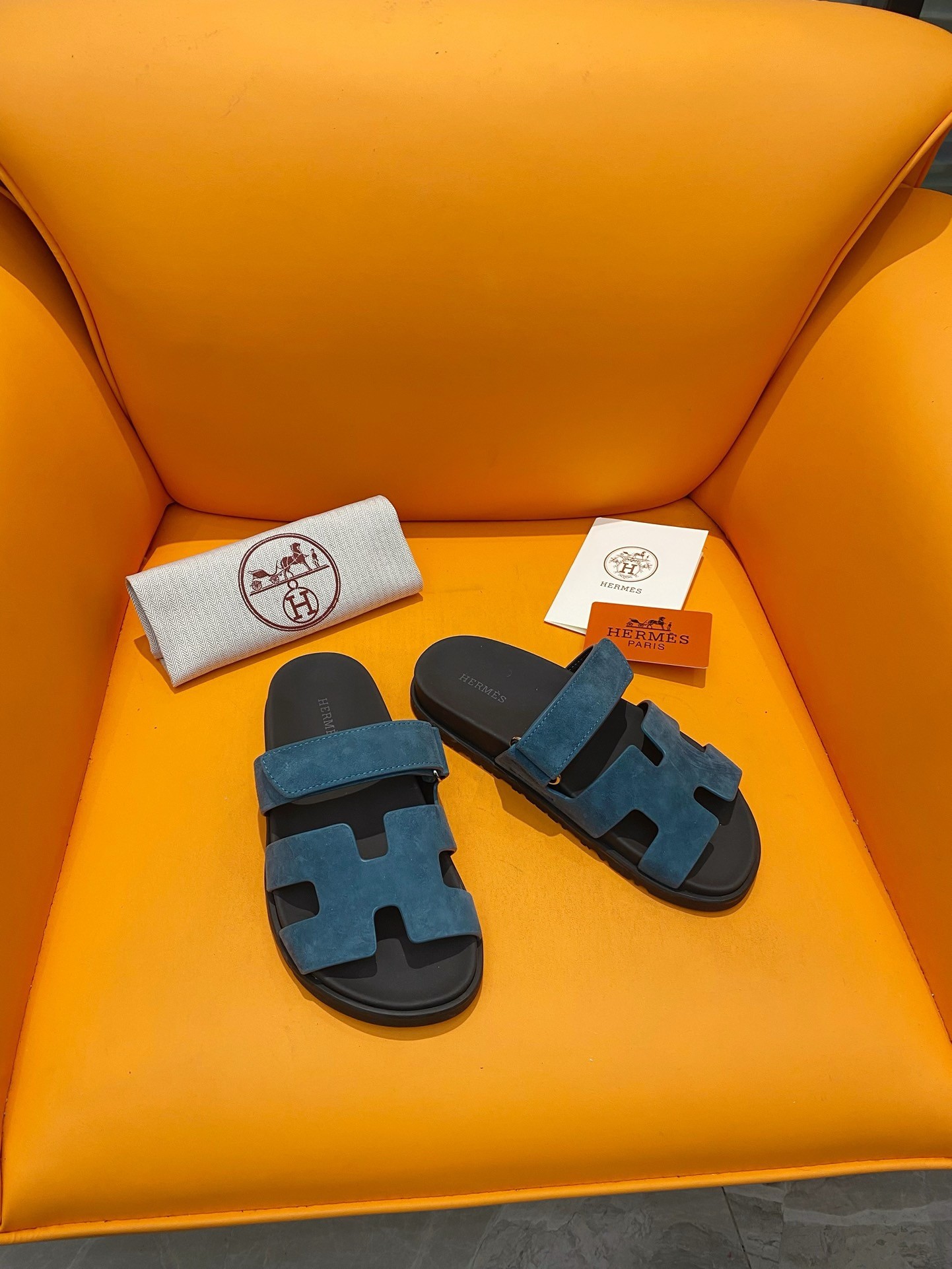 Hermes Men's Chypre Sandals in Blue Suede Calfskin